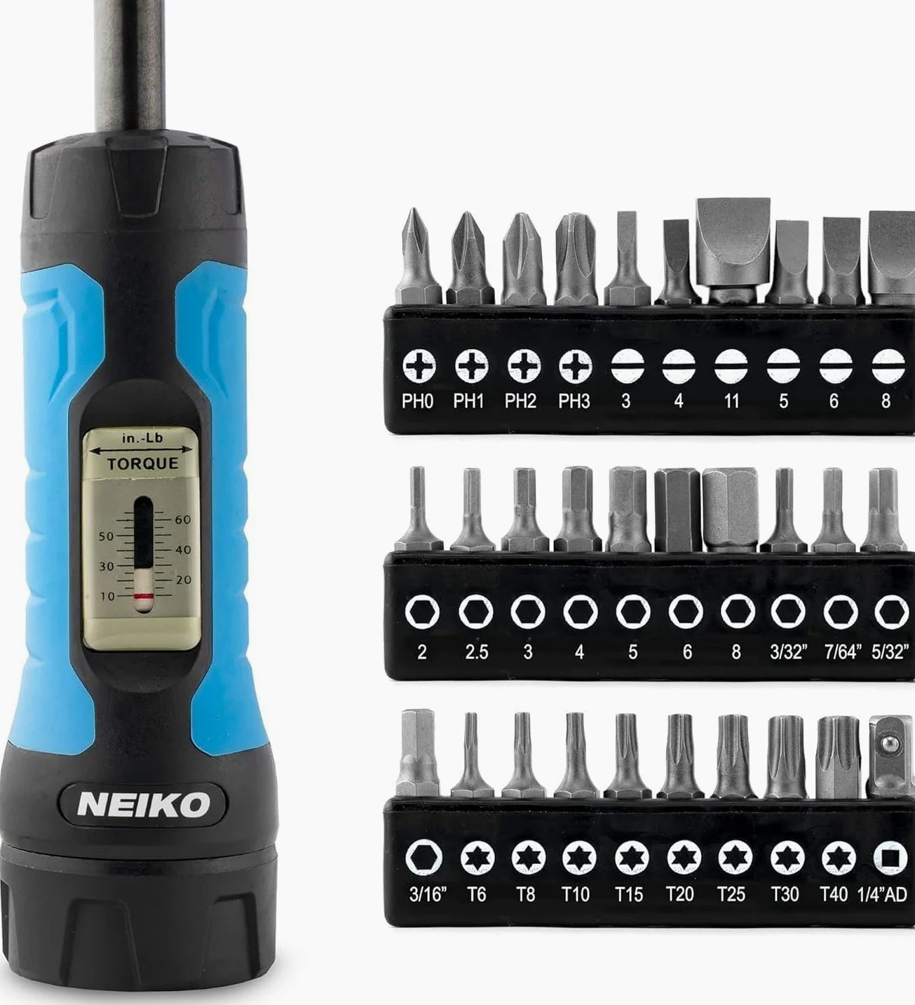 Neiko 10574A Zestaw wkrętaków z kluczem dynamometrycznym 1/10,2 cm, 30 sztuk bitów Philips, Hex, szczelinowych i Torx, zakres regulacji momentu obrotowego od 25 do 154 cm, celność broni palnej i