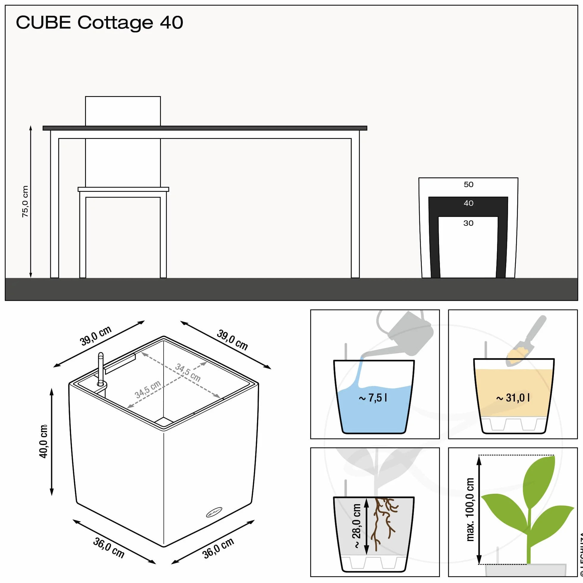 Lechuza Cube Cottage 40 Jasnoszary Donica z Systemem Nawadniania