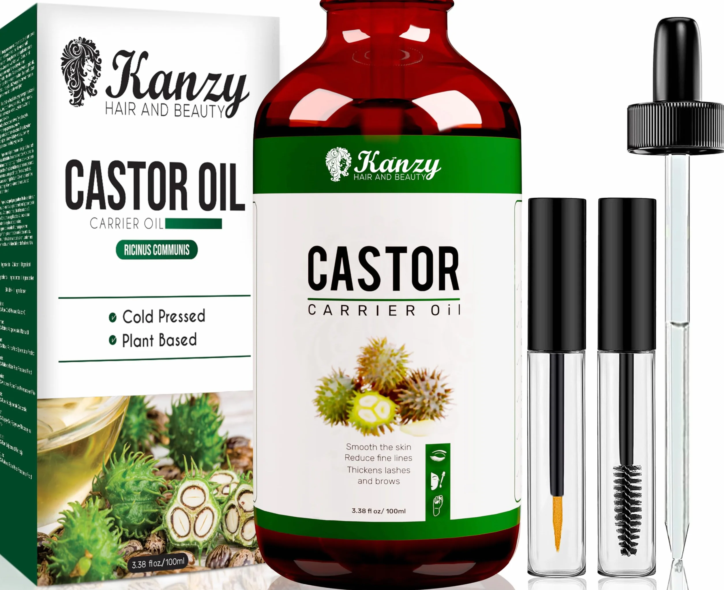 Kanzy Castor Oil do Rzęs i Brwi 100ml Czysty Organiczny Olej Rycynowy na Porost Włosów Broda, Paznokcie Ciało i Twarz Naturalny Olej Rycynowy Tłoczony na Zimno z Aplikatorami Castor oil