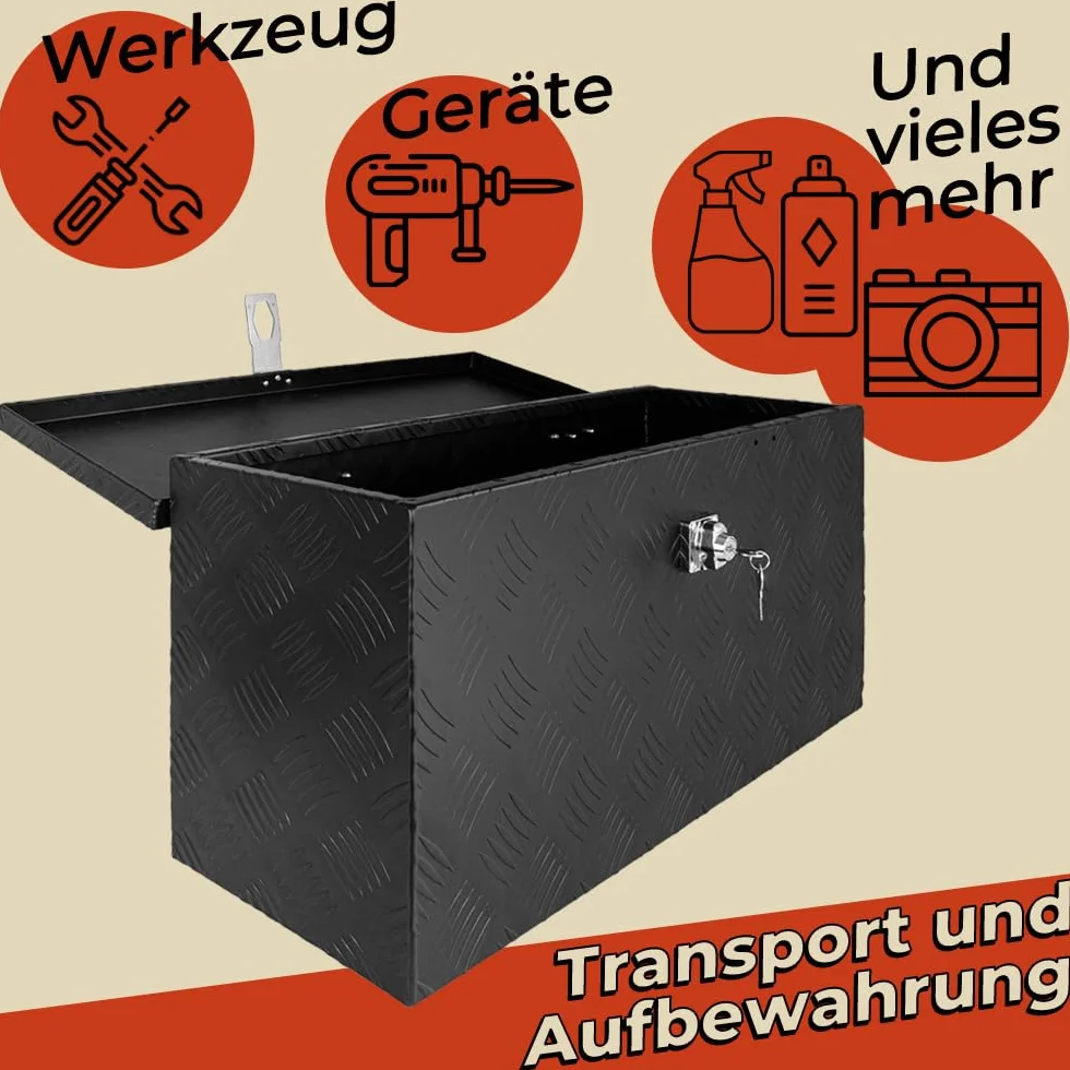 Skrzynka na dyszel, czarna, skrzynka na narzędzia, aluminiowa skrzynka z zawieszką, zamykana, aluminiowa skrzynka transportowa, skrzynka na narzędzia, aluminiowa skrzynka do przechowywania trucky