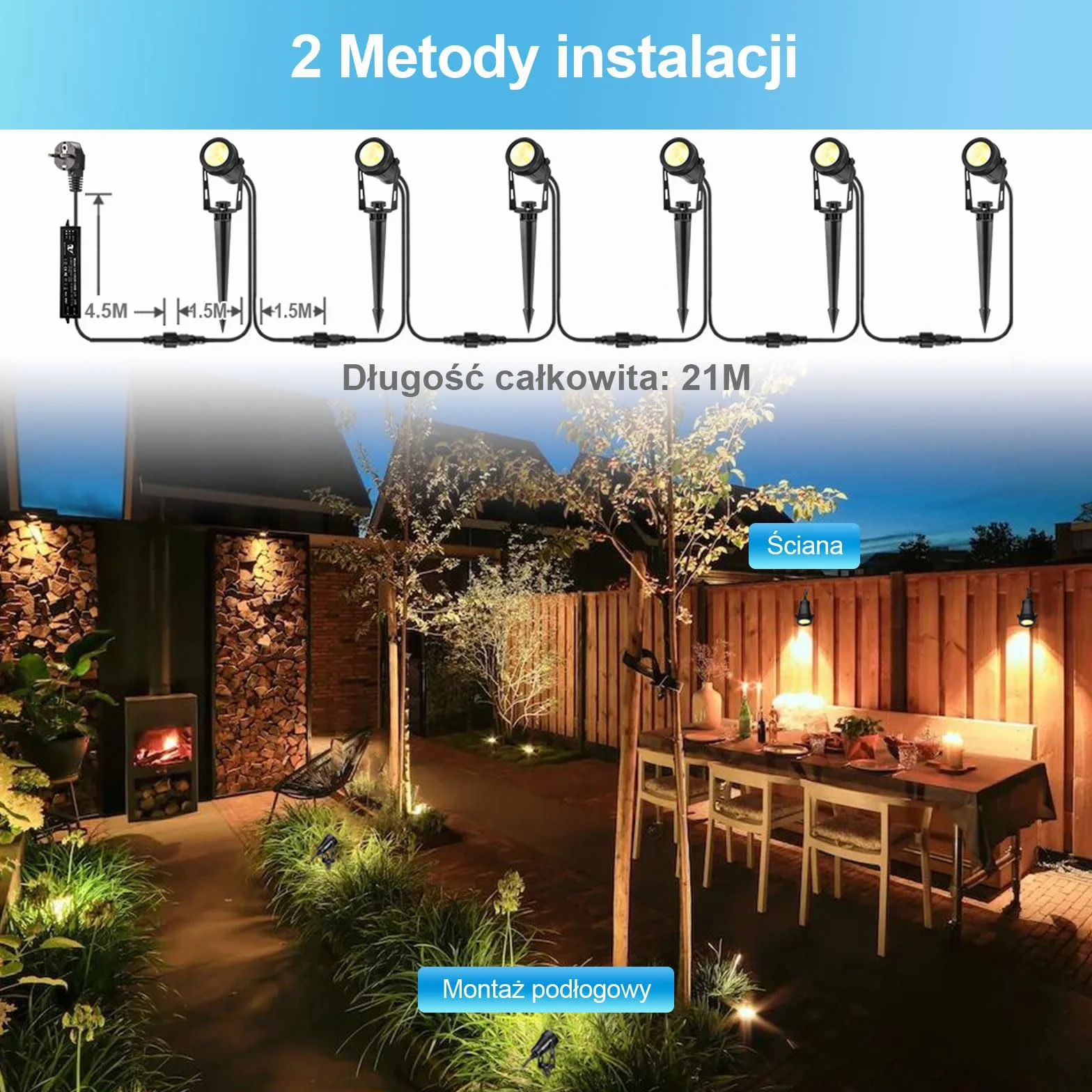 Oświetlenie ogrodowe LED, 21 m, 6-częściowy reflektor ogrodowy z uziemieniem, 12 V, 3 W, 1800 lm, lampa ogrodowa, IP65, wodoszczelna, ciepła biel, lampa ogrodowa na zewnątrz, trawnik