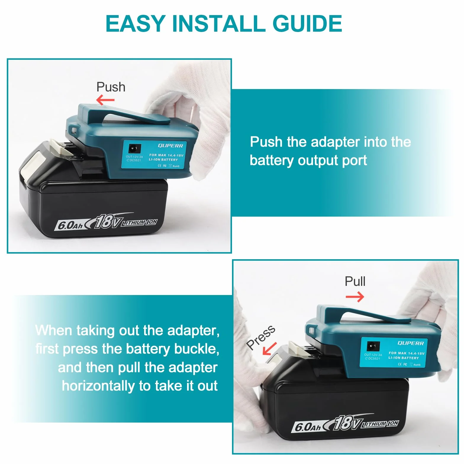 QUPERR- Adp05 Power Source Adapter do baterii roboczych do Makita 14,4 V i 18 V z parą interfejsu ładowania telefonu USB, z bezprzewodową latarką z portem DC（Adapter tylko）