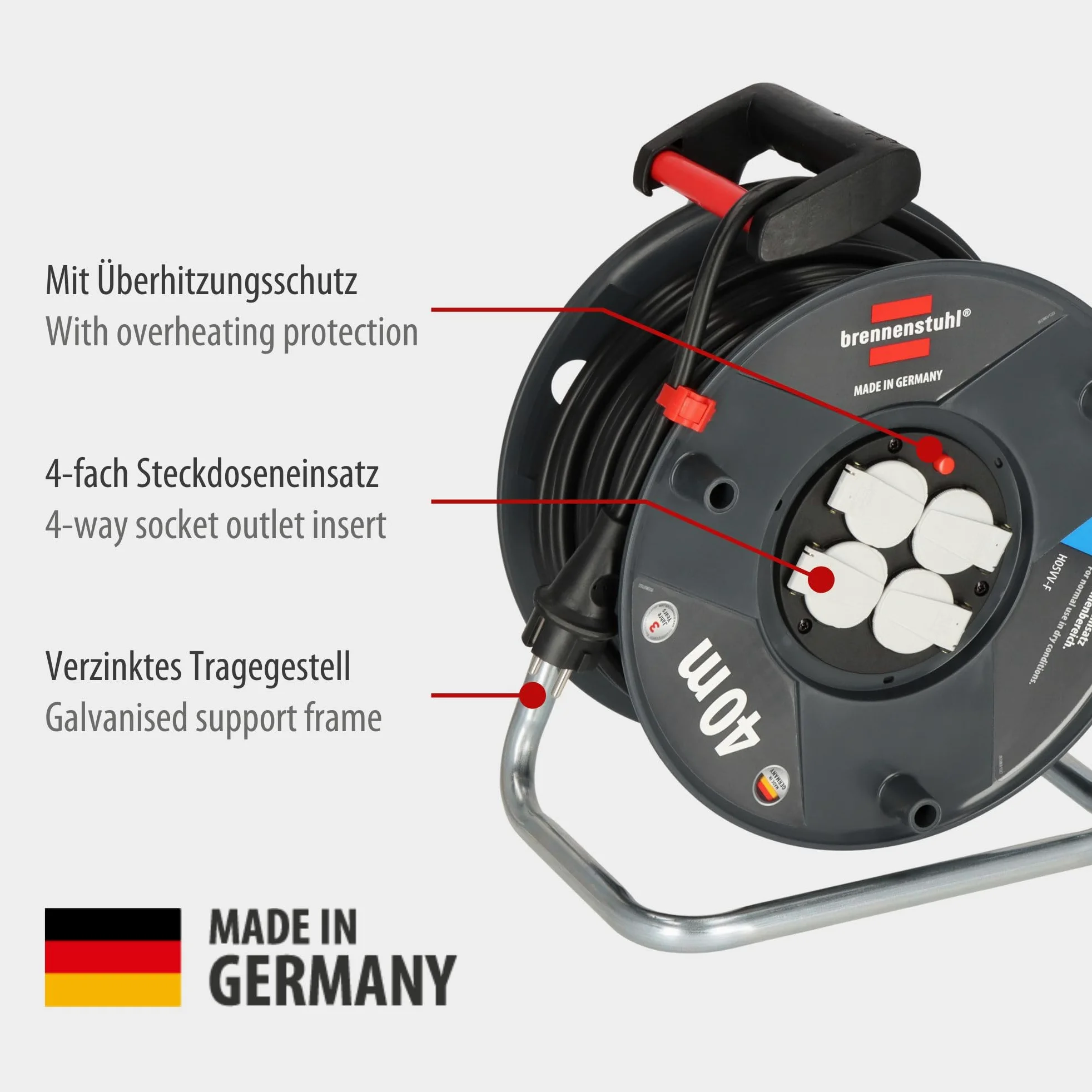 Brennenstuhl Garant V2 bęben kablowy 40 m (Made in Germany, 4 gniazda wtykowe z zestykiem ochronnym z samozamykającymi się pokrywkami, z ergonomicznym uchwytem)