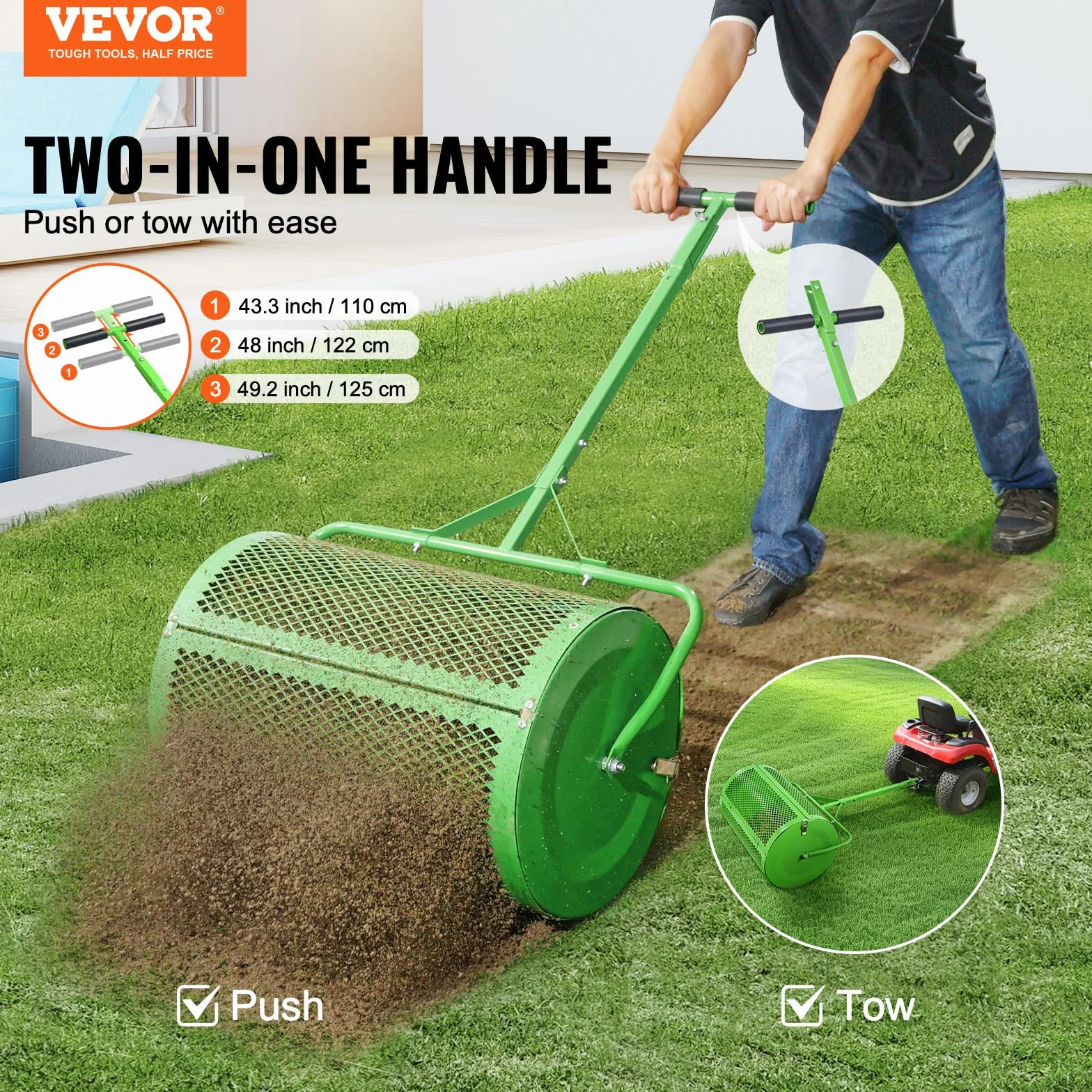 VEVOR Rozsiewacz kompostu z mchu torfowego 60 cm rozrzutnik trawnika z wałkiem do holowania