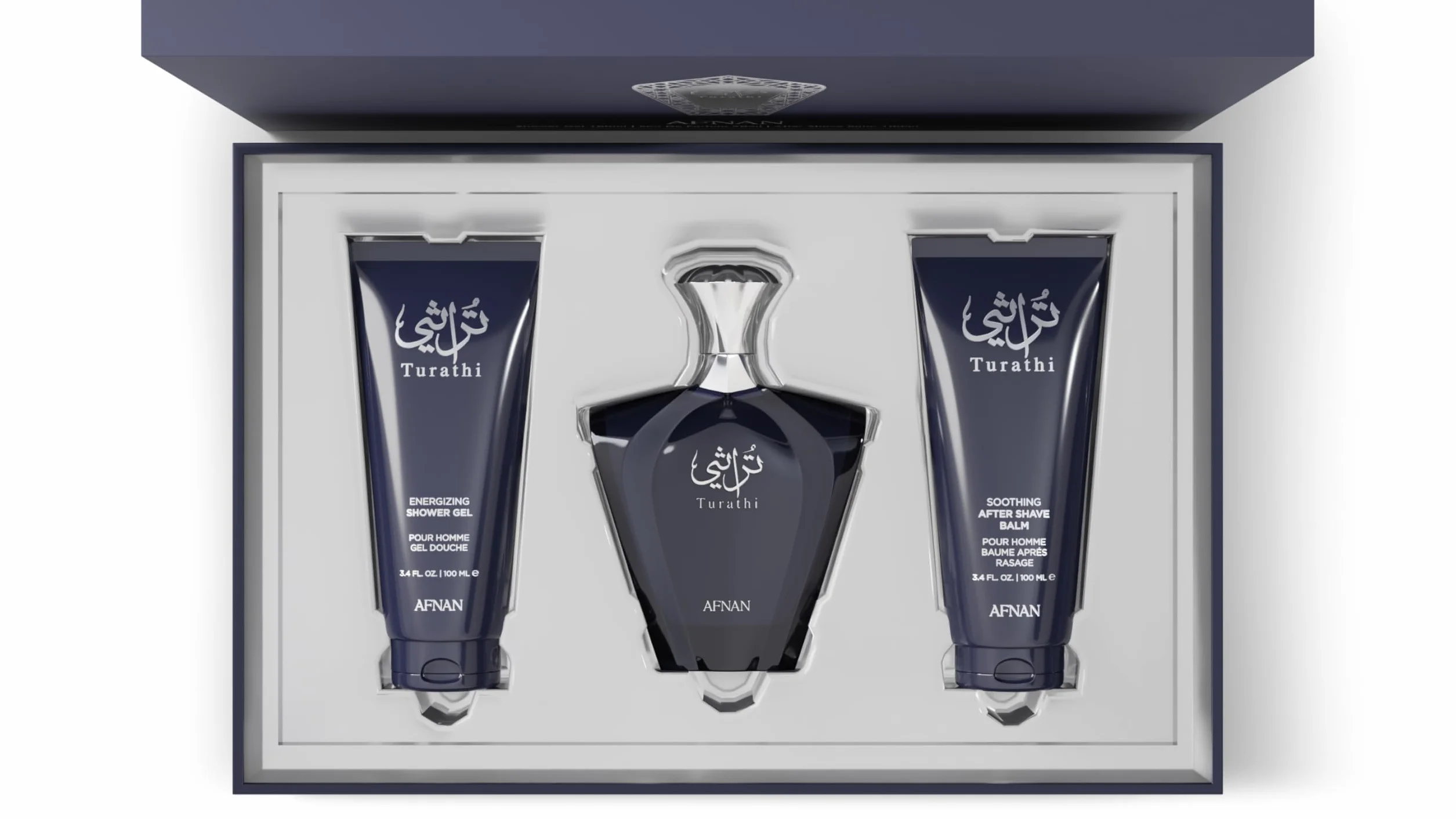 Afnan Turathi Blue 3-częściowy zestaw dla mężczyzn, woda perfumowana w sprayu + żel pod prysznic 100 ml + balsam po goleniu 100 ml