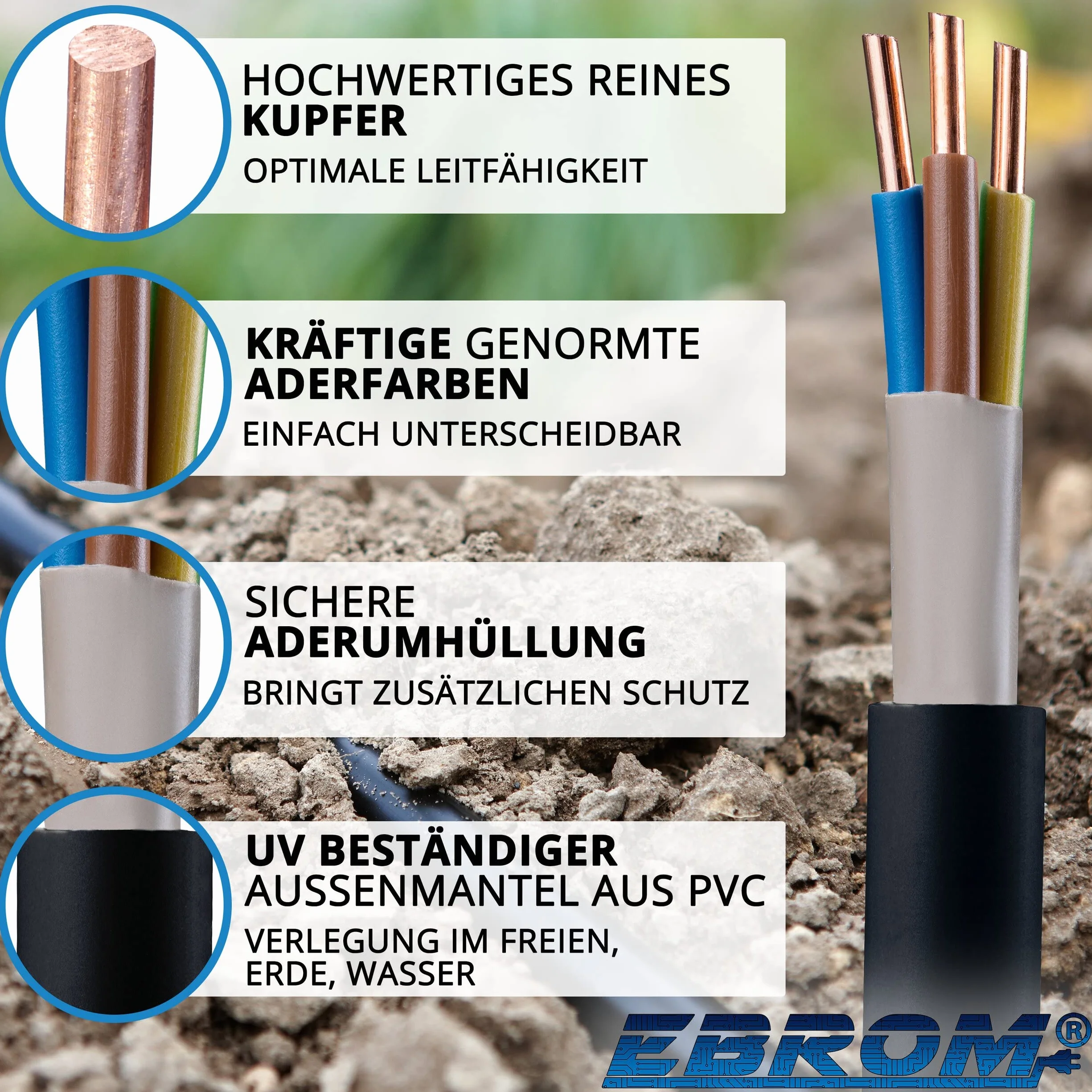 Towar sprzedawany na metry z dokładnością do metra: kabel zasilający NYY-J 3 x 4 mm² (mm2) kabel ziemny - NYY-J 3 x 4 mm² - czarny - wybór w odstępach 5 m - przykład: 10 m - 20 m - 25 m - 30 m - 35 m