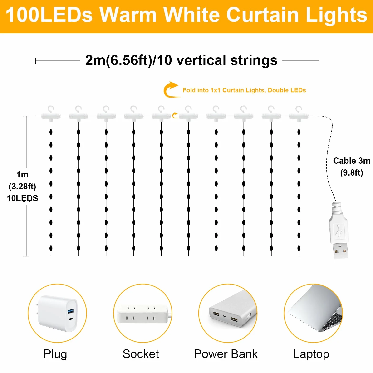 Bigzom Świetlna Kurtyna Wewnętrzna 2mx1m, 100LED Wewnętrzne Światełka USB na Święta, z 10 Haczykami, IP65 do Dekoracji Świątecznych