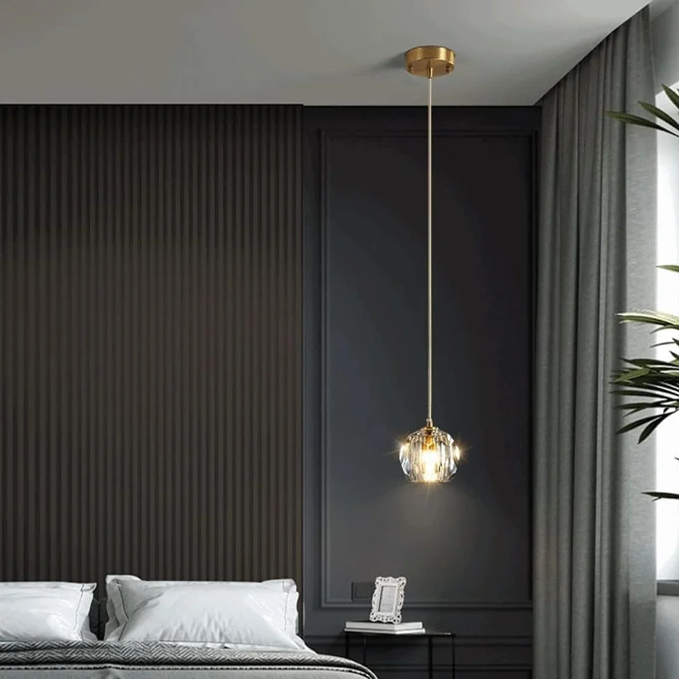 Nowoczesna pojedyncza głowica kryształowa szklana lampa wisząca LED luksusowa lampa wisząca z kutego żelaza długa linia mała lampa wisząca Nordic sypialnia nocna mały żyrandol E27
