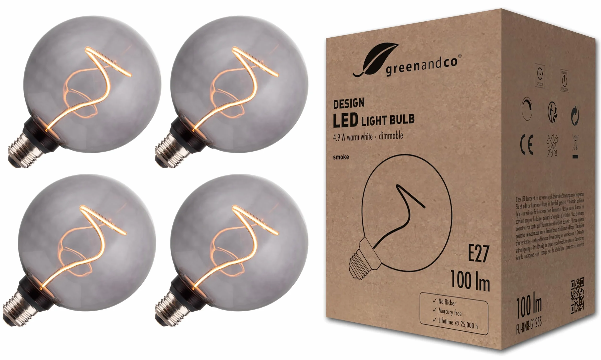 greenandco 4 żarówki LED w stylu vintage z możliwością ściemniania do oświetlenia nastrojowego, E27 G125, 4,9 W, 100 lm, 1800 K (bardzo ciepła biel) | 320° | 230 V | szary przydymiony | bez migotania