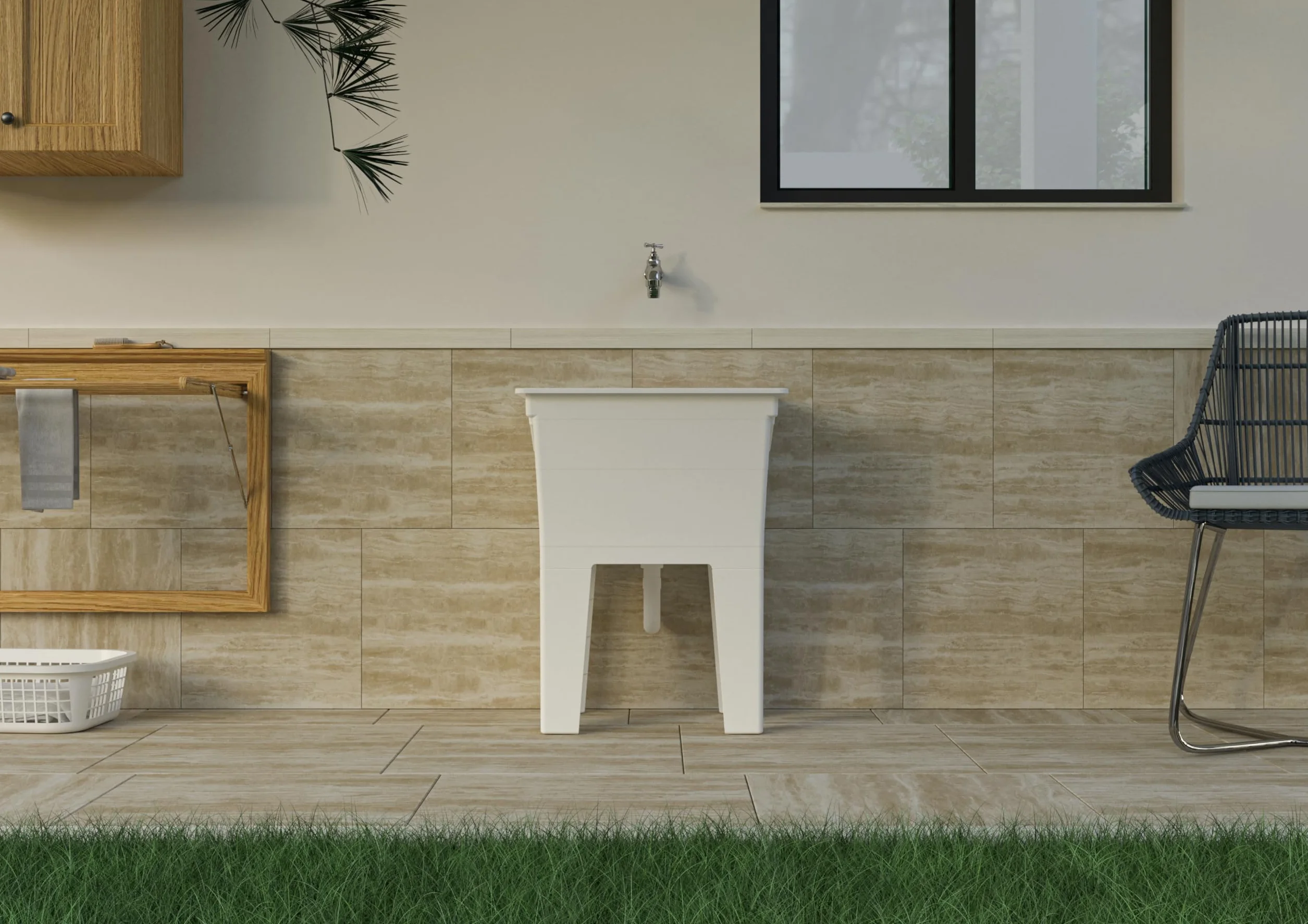 Adventa: Umywalka z żywicy PP z deską myjącą, łatwa instalacja, odporna na kwasy, pralnia, garaż, na zewnątrz, 59 x 40 cm x 74 cm, biała