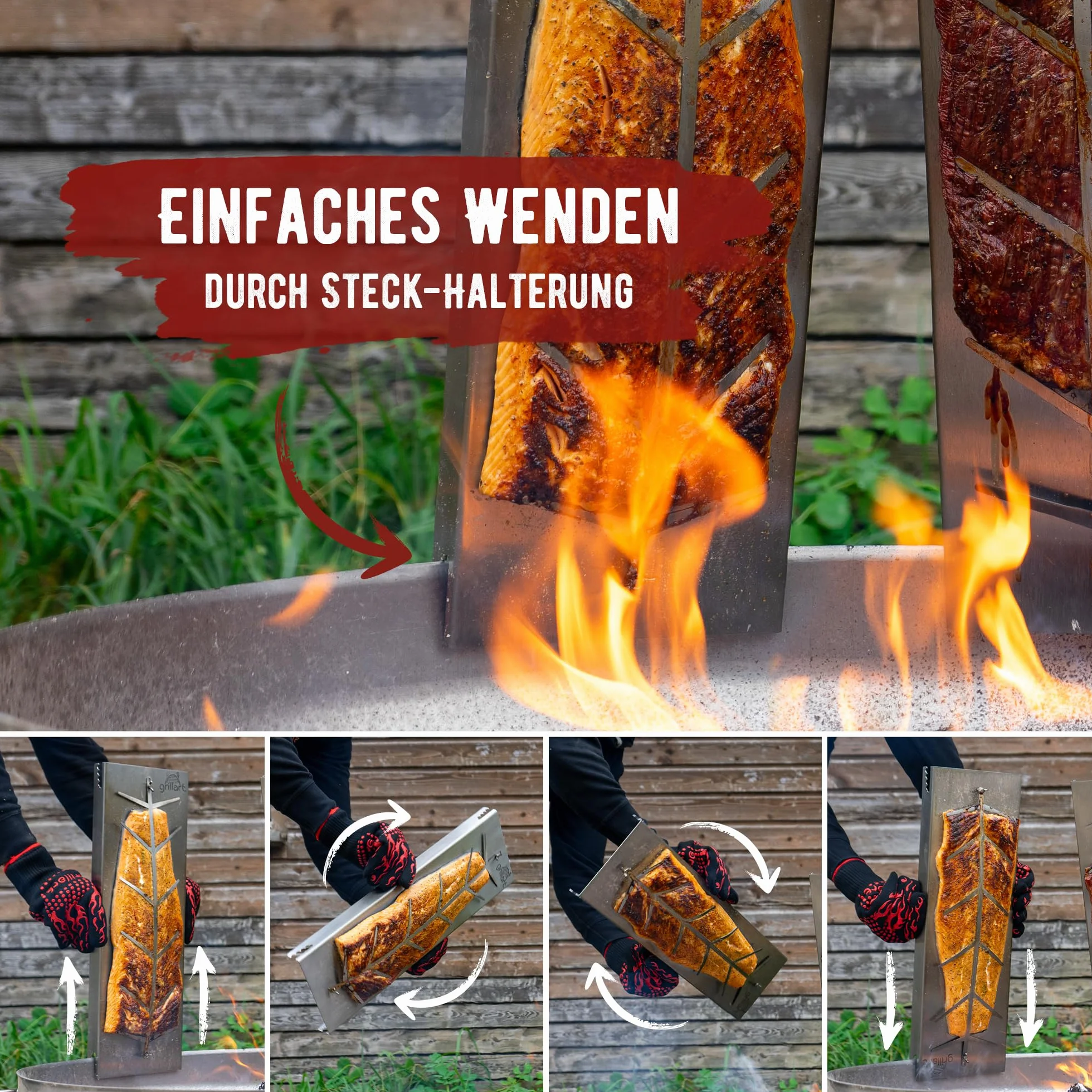 grillart® Deska do wędzenia łososia z uchwytem ze stali nierdzewnej