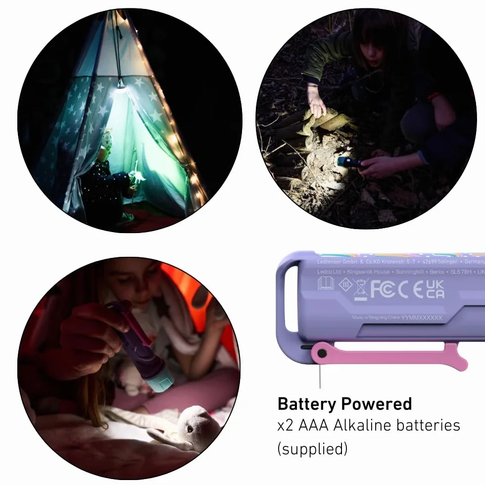 Ledlenser KidBEAM4 latarka dla dzieci, 4 kolory LED AAA latarka zasilana bateriami, lekka 72 g, z klipsem kieszonkowym, funkcja automatycznego wyłączania, doskonała do czytania, biwakowania i zabawy