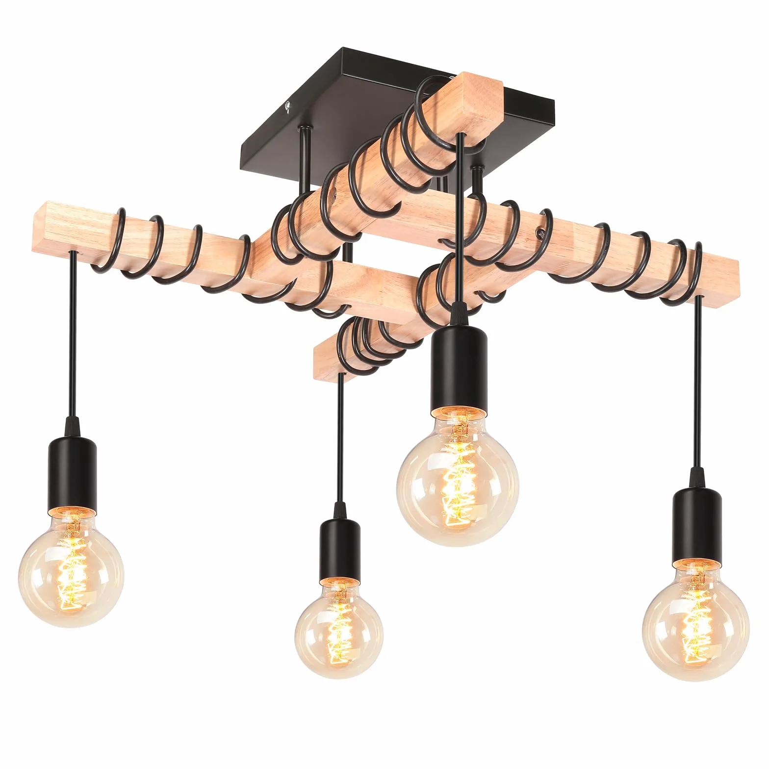 iDEGU żyrandol przemysłowy, 4 lampy wiszące, vintage, metal, drewno, E27, oświetlenie sufitowe, retro, czarny, regulowany żyrandol sufitowy, do salonu, jadalni, kuchni, (typ A, lampa sufitowa)