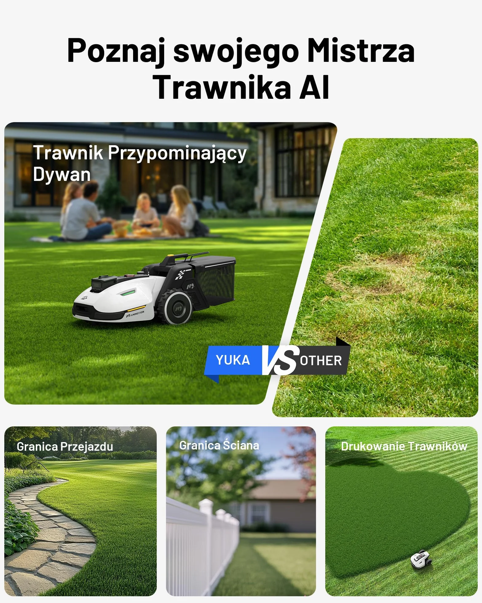 Mammotion YUKA 1000 Kosiarka Automatyczna z Zamiatarką, UltraSense AI Vision, 1000㎡, nachylenie 45%, wysokość cięcia 20-90mm, szerokość cięcia 320mm