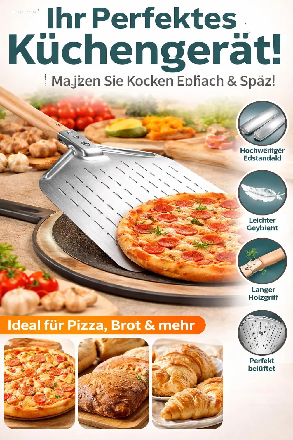 Łopatka do pizzy perforowana aluminiowa 39,5 x 30 x 2 cm ze zdejmowanym drewnianym uchwytem