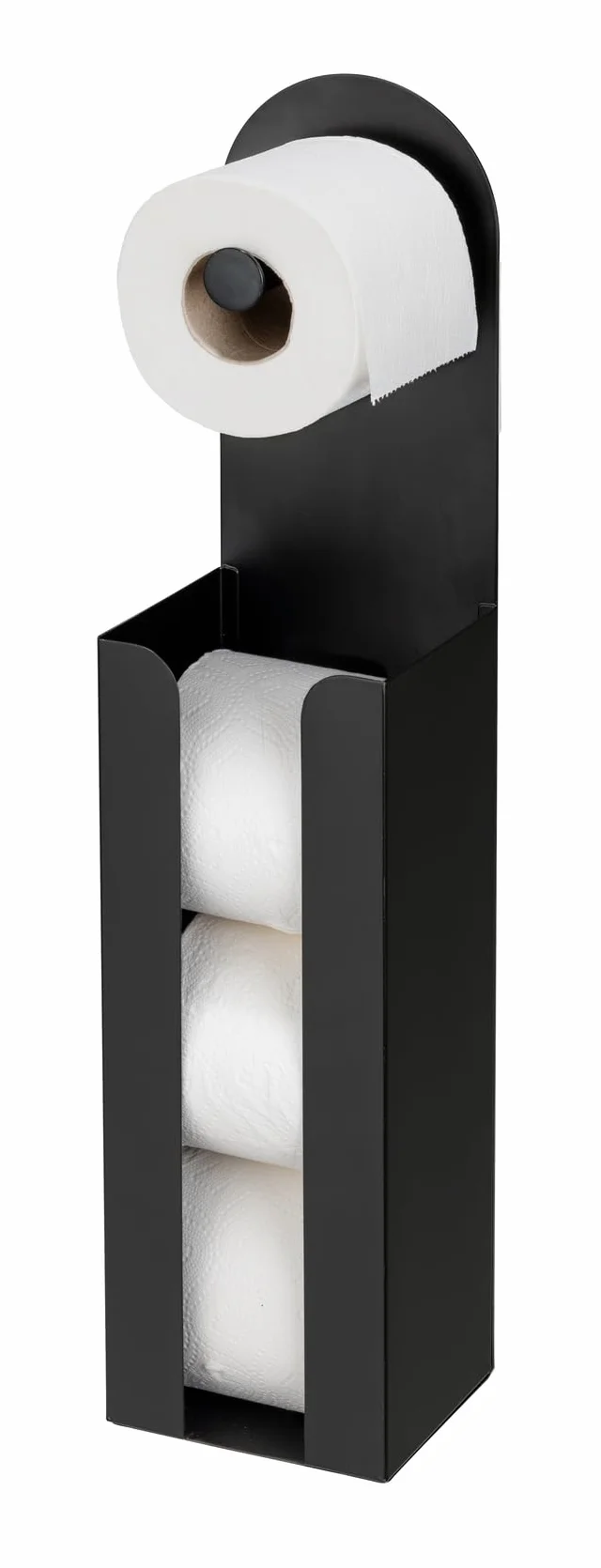 WENKO Uchwyt na papier toaletowy 2 w 1 model Agira, wolnostojący lub do klejenia, miejsce na 3 zapasowe rolki, stal lakierowana na matowo, 12 x 54 x 11 cm, czarny