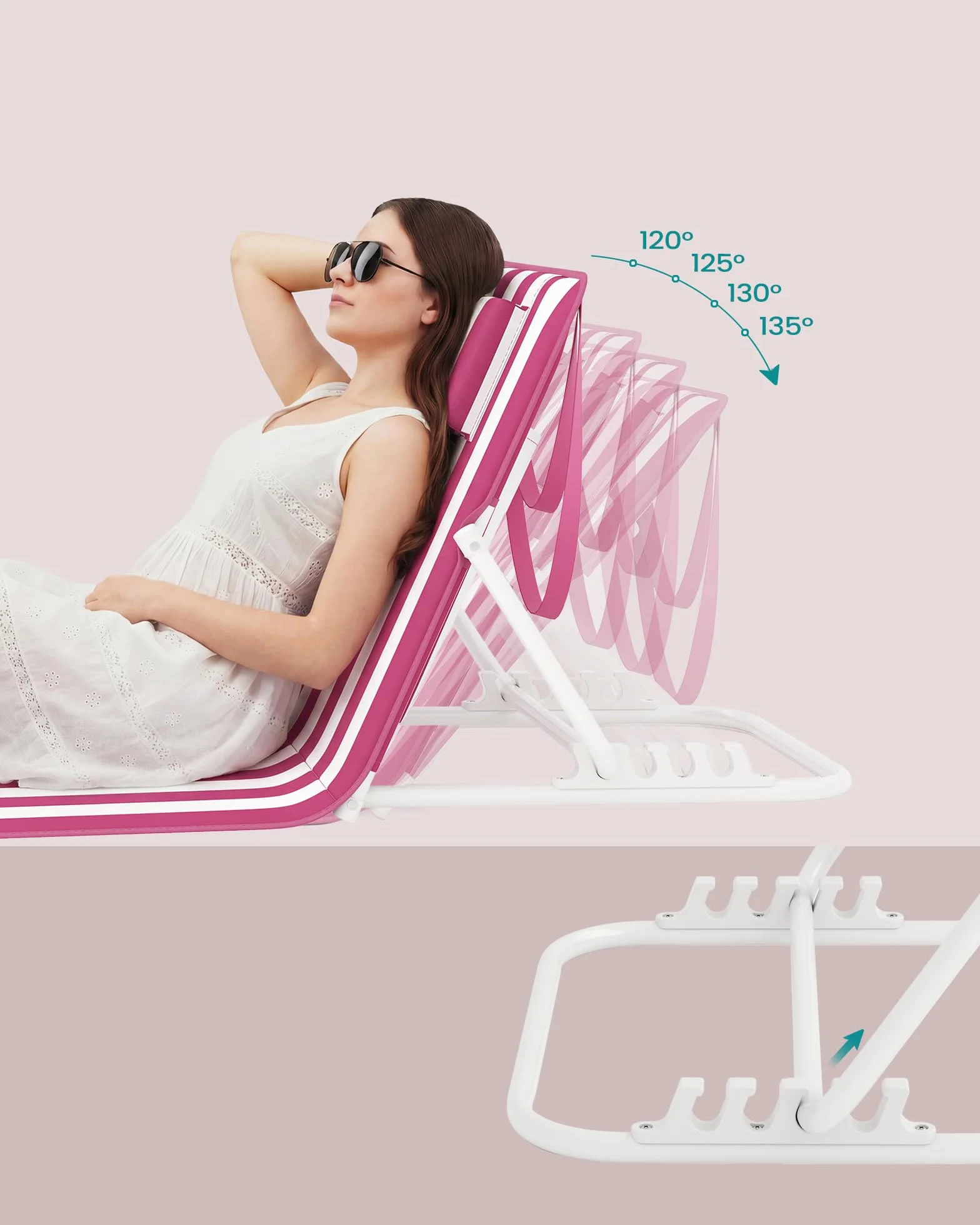 SONGMICS Krzesło plażowe składane 2 szt. 158x55 cm różowo-białe paski