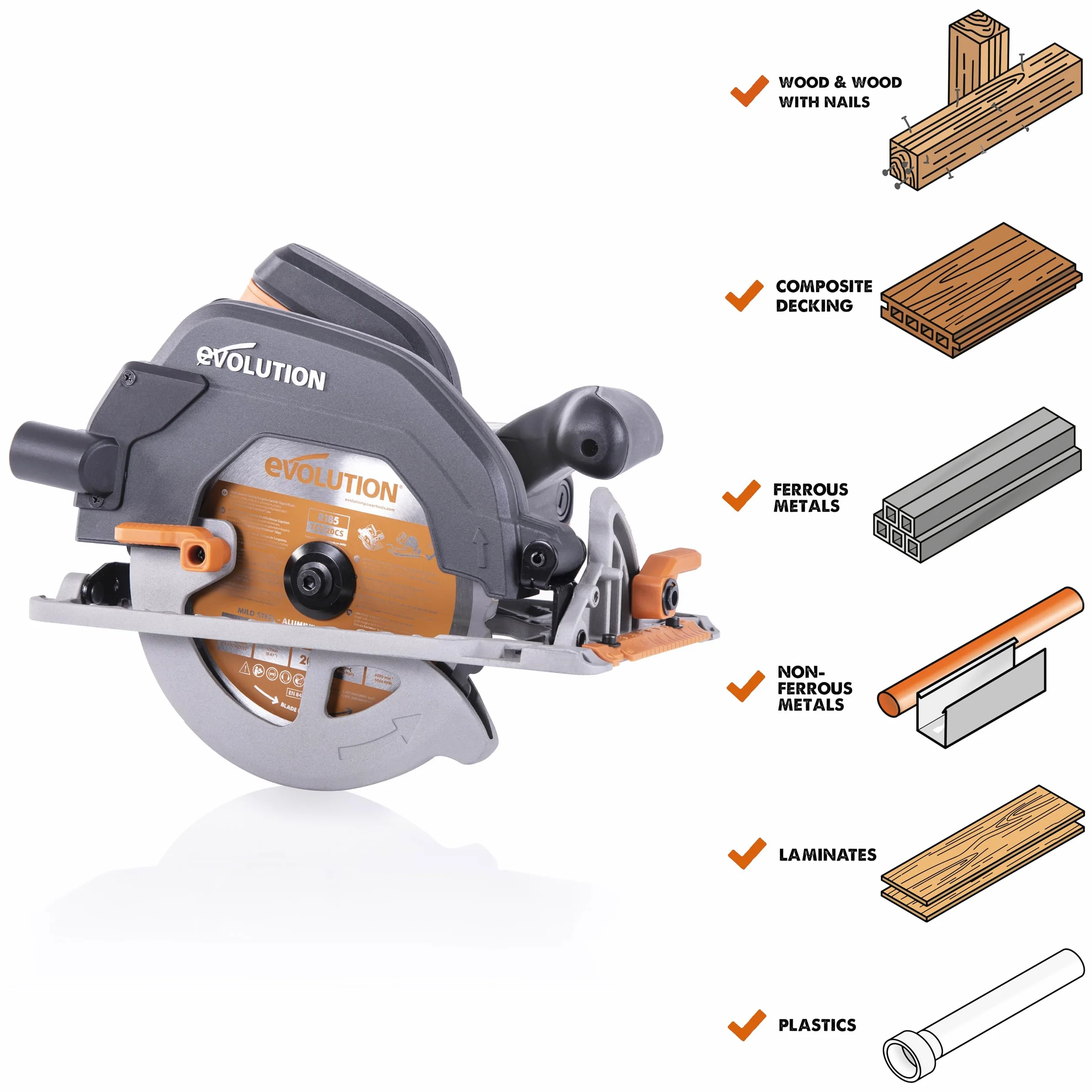 Evolution Power Tools R185CCS Pilarka tarczowa z szyną i tarczą TCT 185 mm do cięcia wielu materiałów: tnie drewno, metal stal aluminium plastik, opcja odchylenia, w zestawie prowadnica