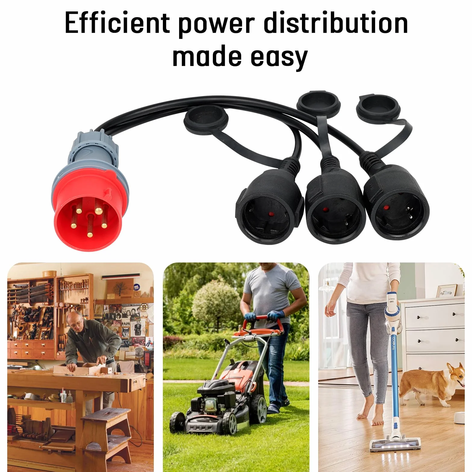 CEE Adapter rozdzielacz prądu 400 V, 16 A, wtyczka na 3 x 230 V, przedłużacz, kabel przedłużający, kempingowy przewód adaptera CEE z pokrywą na zawiasach i wtyczką z zestykiem ochronnym