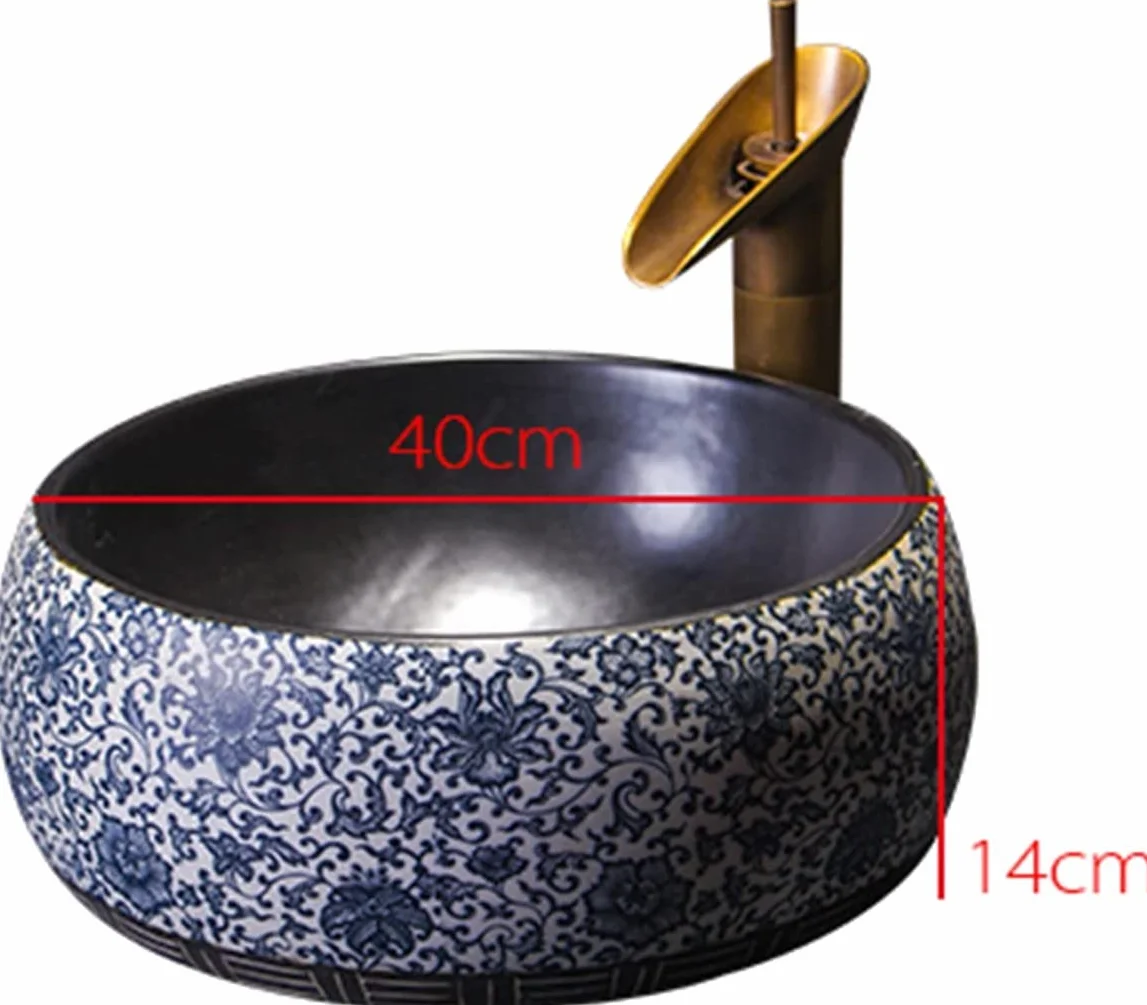 Ceramiczna Umywalka Łazienkowa, Ręcznie Rzeźbiona Umywalka Nablatowa, Ceramiczna Umywalka Łazienkowa Nablatowa Z Kranem I Odpływem, Umywalka W Stylu Industrialnym 40 * 40 * 14,Singlebasin