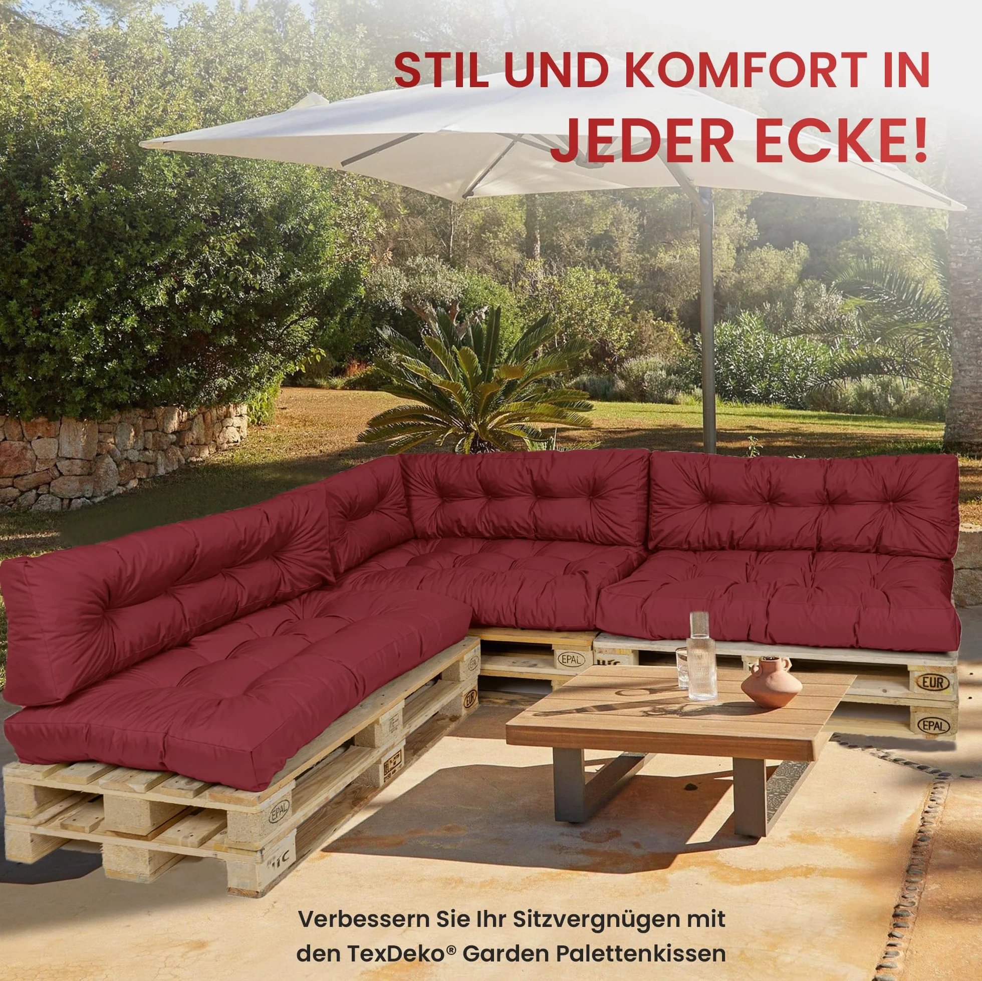 TexDeko® Garden Poduszki na palety 120x80x18 cm wodoodporne odporne na UV premium pikowane poduszki na siedzisko nakładka na palety euro (2)