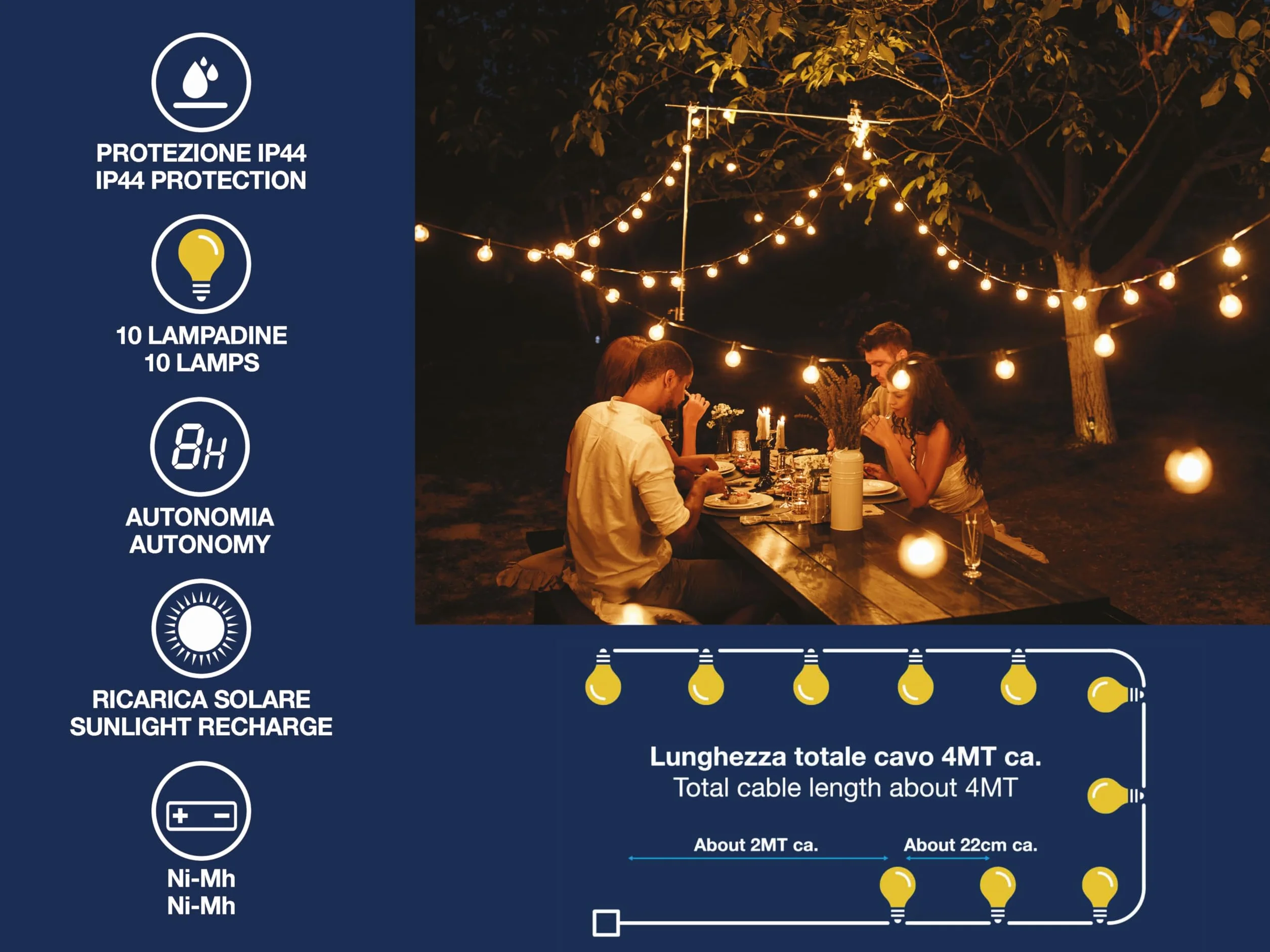 BEPER P207ILO500 Solarny łańcuch świetlny LED do ogrodu, 10 żarówek LED, kabel linowy, vintage, zintegrowany czujnik światła, 4 metra