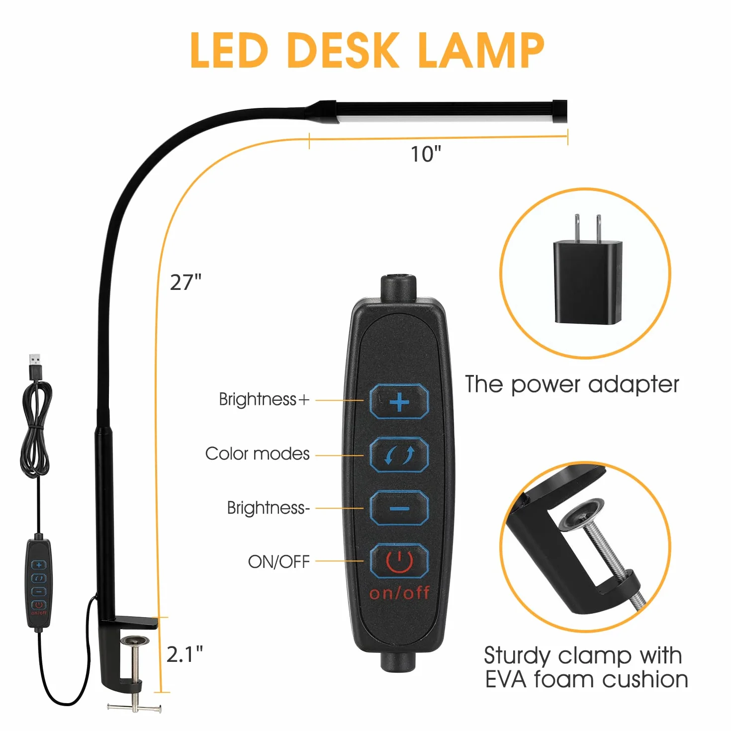 Voncerus lampa biurkowa LED z zaciskiem, do domowego biura, 3 tryby świecenia, 10 jasności, długa elastyczna gęsia, metalowa, huśtawka z adapterem USB, czarna
