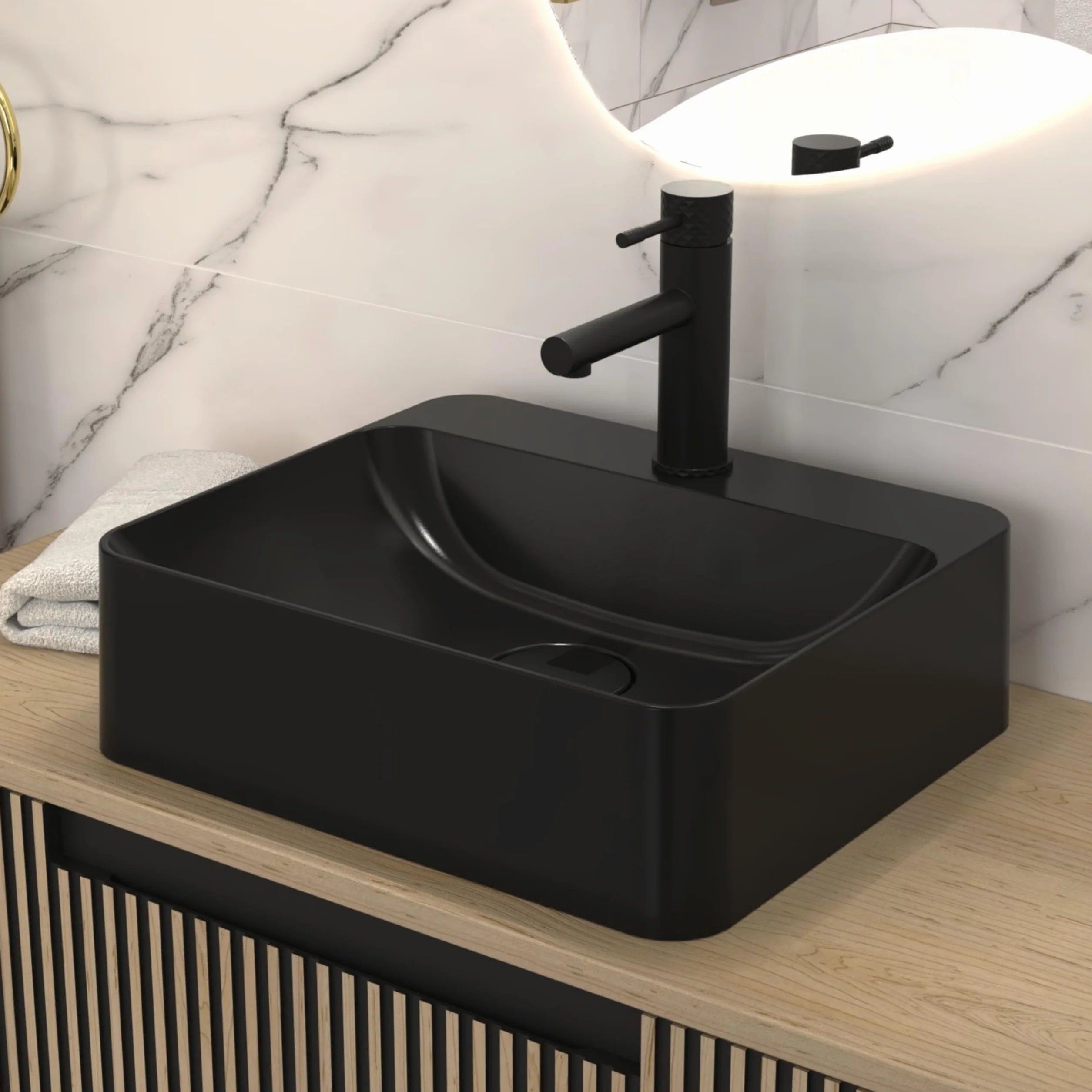 SINK Quality Umywalka nablatowa z otworem armaturowym 45 x 39 cm, czarna matowa – umywalka prostokątna z kompozytu kwarcowego S-QUARTZ, duża umywalka do łazienki, z pokrywą odpływu i zestawem syfonu