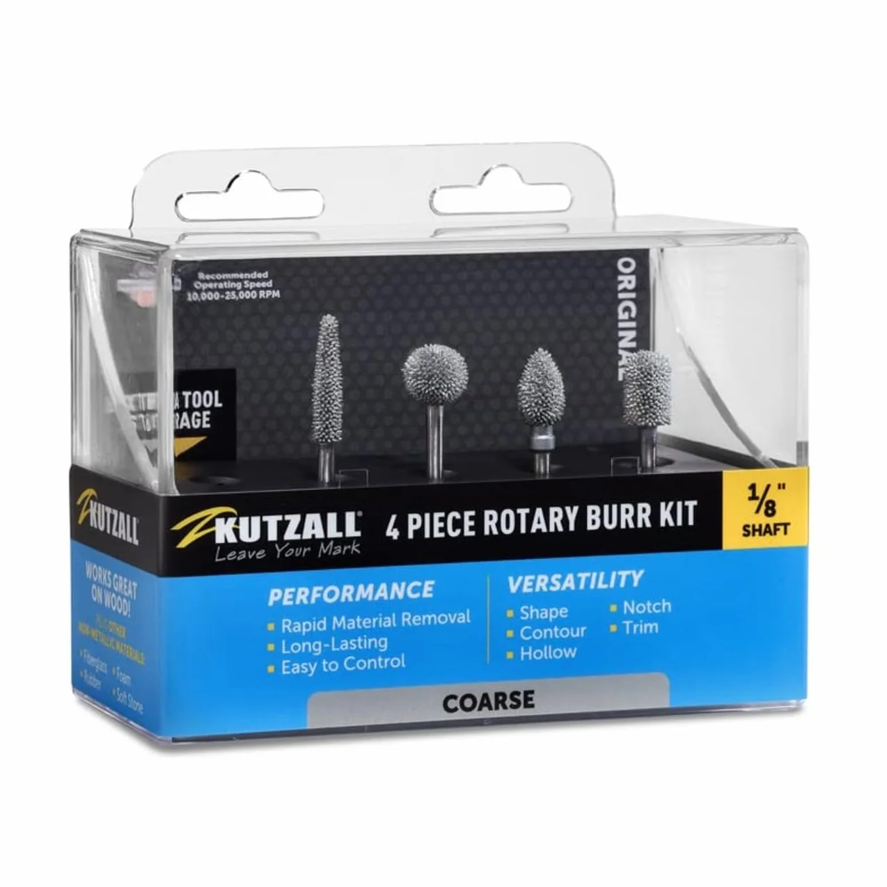 Kutzall 4-Piece Rotary Burr Kit - 1⁄8" Shaft, Coarse - Woodworking Attachment for Dremel, Foredom, Ryobi, DeWalt, Milwaukee Tools - Structured Tungsten Carbide