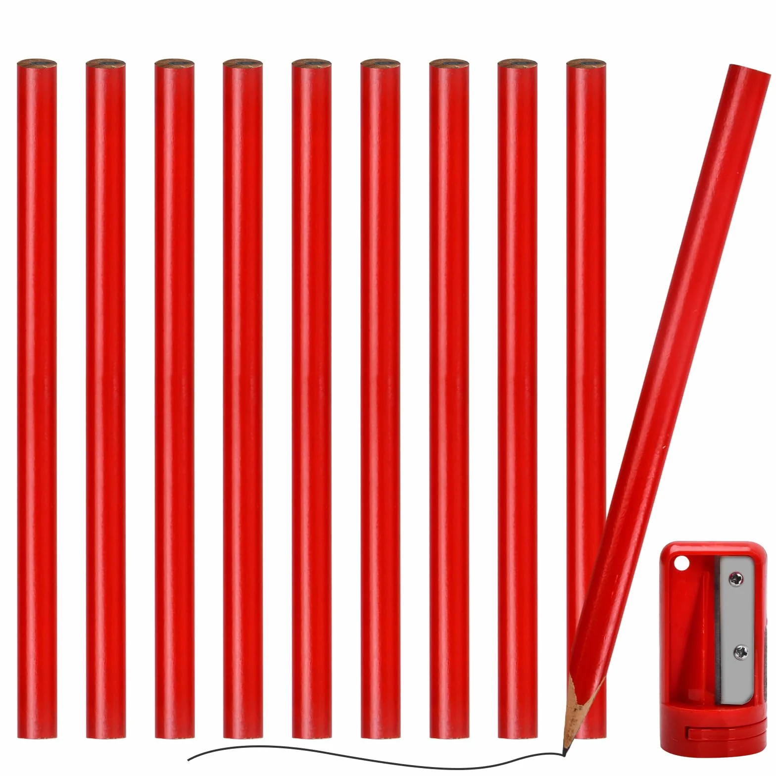 Zestaw 10 ołówków stolarskich, 175 mm, ołówki stolarskie z temperówką, kredki stolarskie, 175 mm i 1 temperówka (owalne)