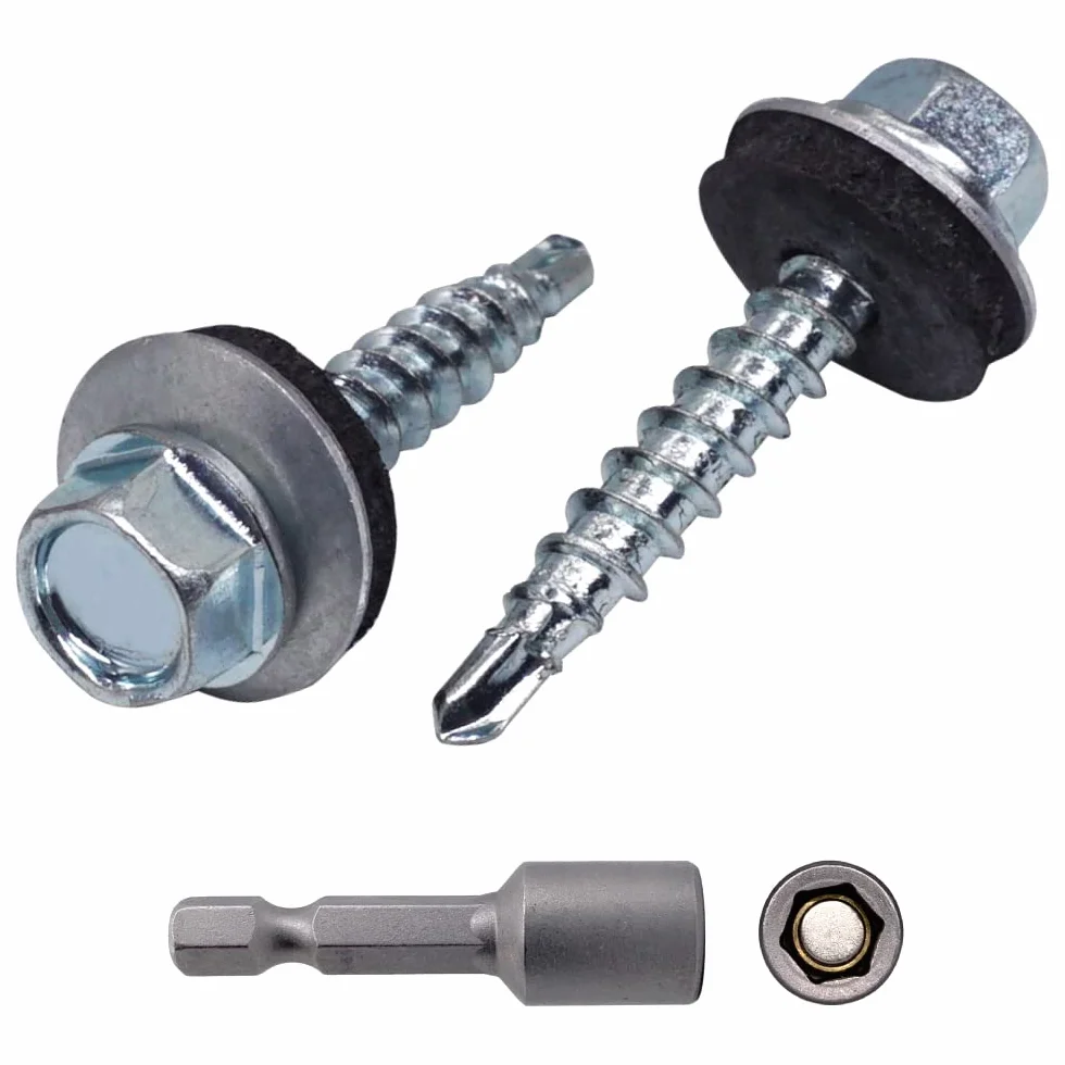 (500 sztuk) DIN 7504-K stal cynkowana 4,8 x 28 mm śruby samowiercające z podkładkami EPDM, głowica podkładki sześciokątnej, śruba z blachy, samogwintująca (500, 4,8 x 28 mm)