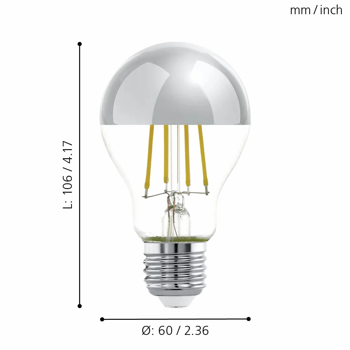 EGLO E27 LED, srebrna lampa lustrzana, Żarówka bezodblaskowa, 7,5 Watt (odpowiednik 60 watt), 806 Lumen, ciepła biel, 2700k, reflektor Żarówka Edisona A60, Ø 6 cm