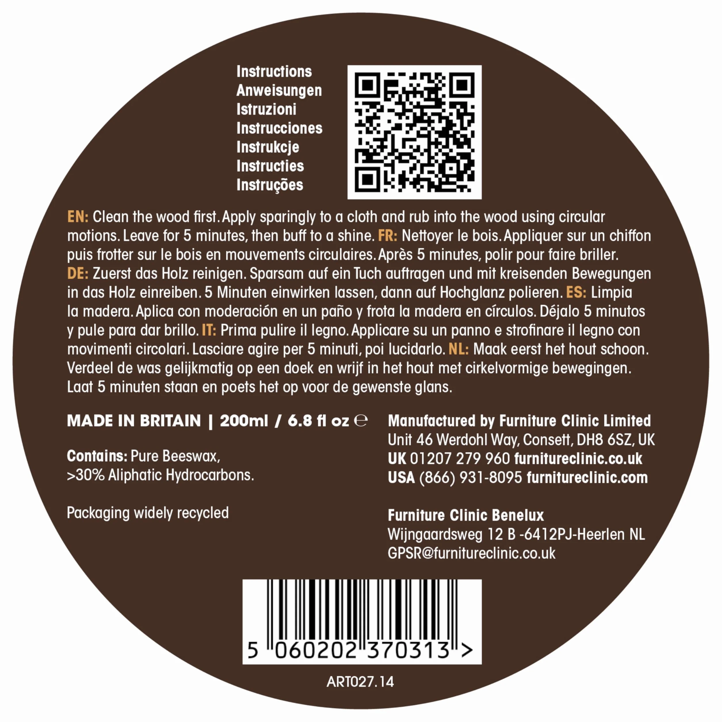 Furniture Clinic Lakier do drewna i mebli w kolorze ciemnego dębu, 200 ml, naturalny wosk do drewna, do wszystkich rodzajów mebli i powierzchni drewnianych, kolor, ochrona i ulepszanie drewna