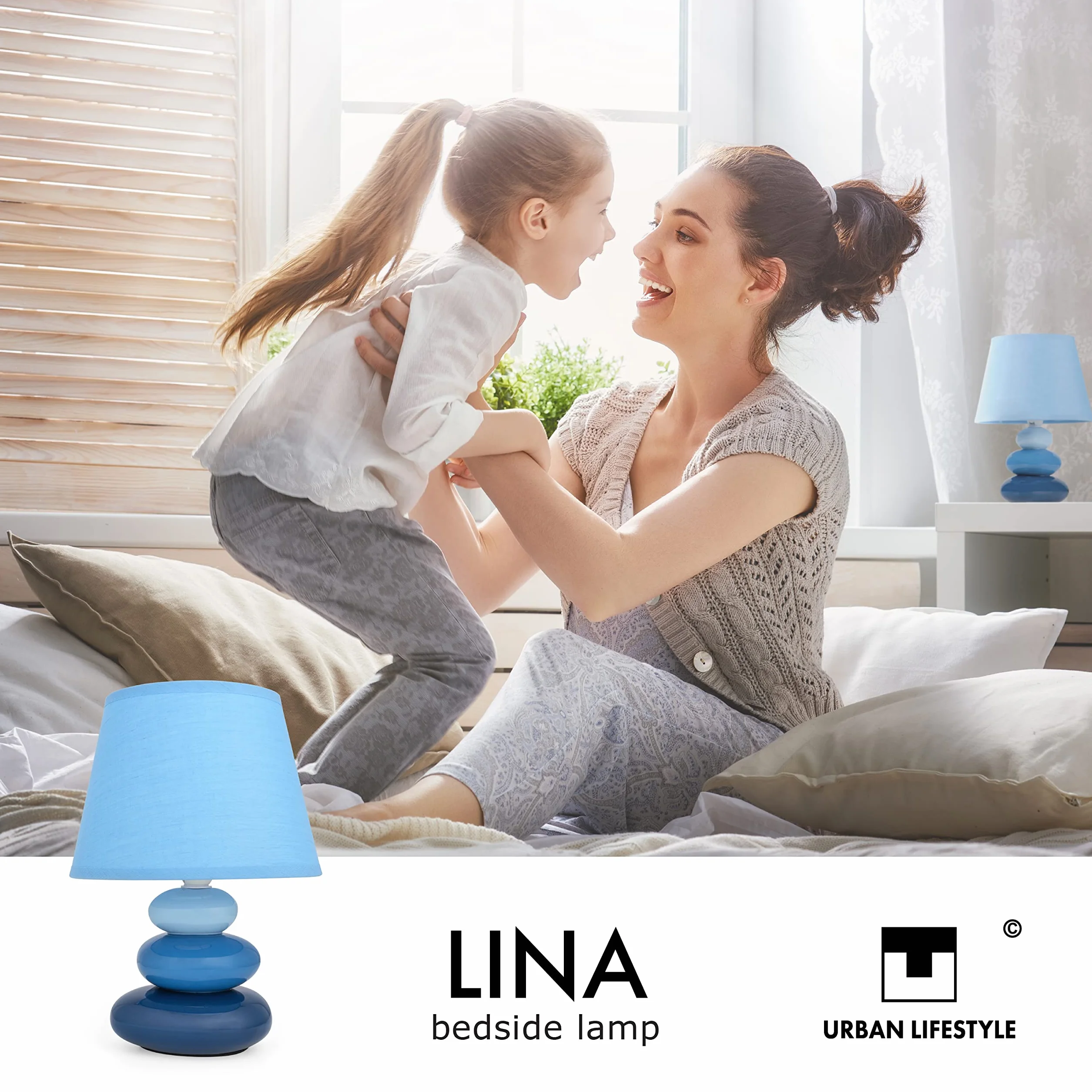 Lampka nocna "Lina" (niebieska) lampa stołowa ceramiczna lampa stołowa z abażurem z materiału, nadaje się do LED, E14 230 V, ceramika, lampa stołowa, lampka nocna, lampa okienna, lampa na sofę, lampy