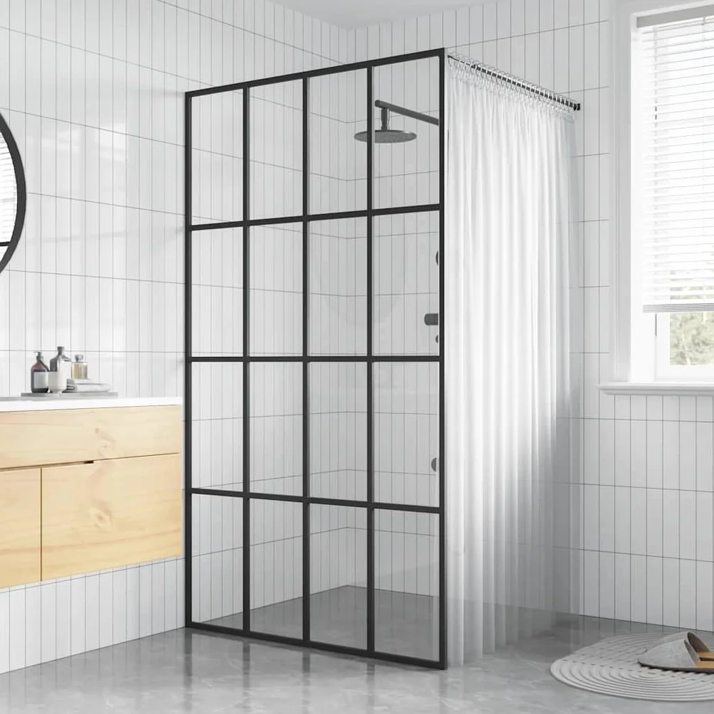 Ścianka prysznicowa Walk-in z przezroczystego szkła bezpiecznego ESG 118 x 190 cm, 5 mm, profil aluminiowy czarny, regulowany drążek podporowy, ochrona przed pryskaniem do łazienki, łatwy