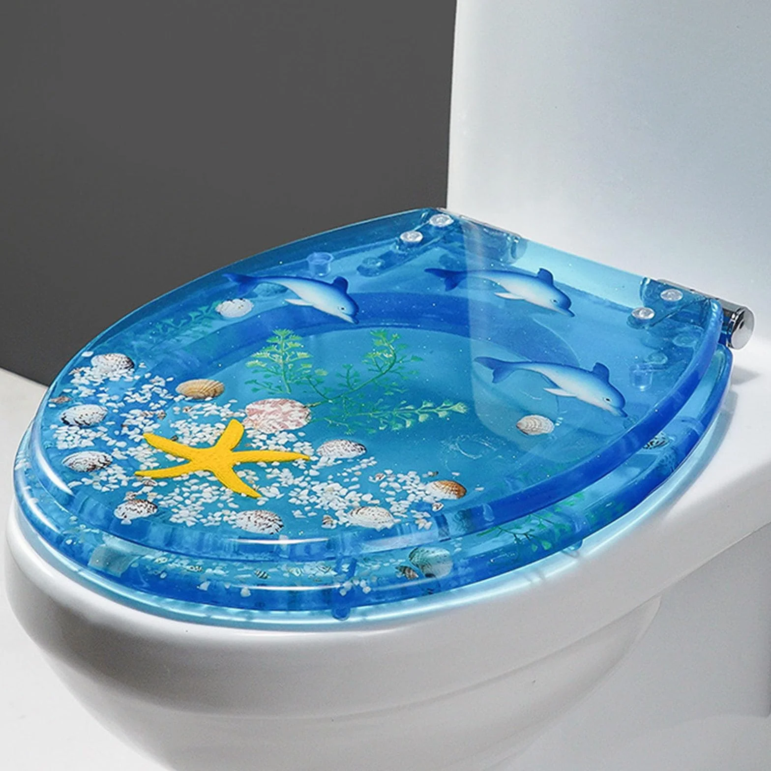 B,Okrągła deska sedesowa z żywicy Blue Seashells Deska sedesowa, Deski sedesowe z efektem 3D, seria Ocean, Deska sedesowa o wolnym opadaniu, zawiasy ze stali nierdzewnej, szybki demontaż