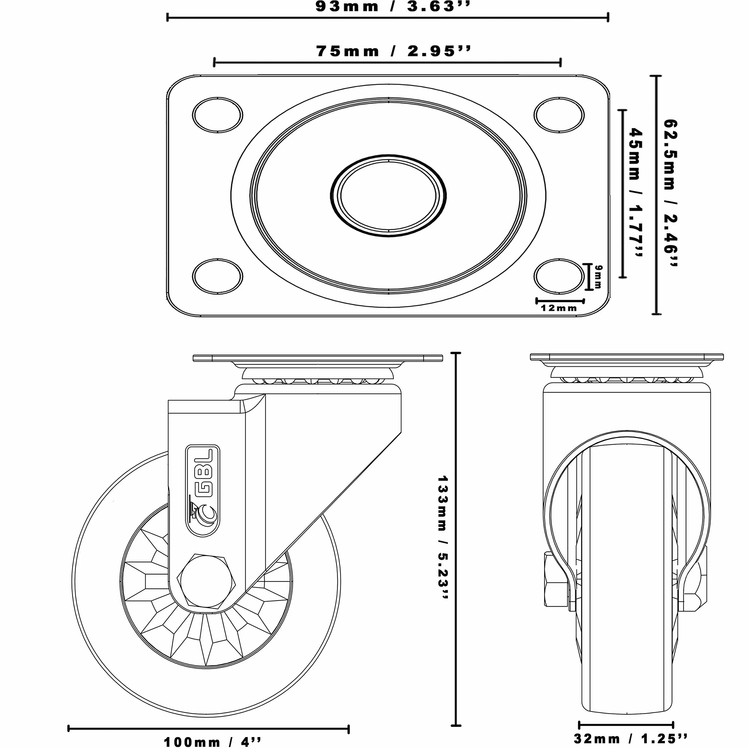 GBL Wytrzymałe kółka rolkowe ze śrubami, 100 mm, do 600 kg, zestaw 4 szt., nie pozostawiają śladów na podłodze, ciche, do mebli, kółka do wózków, pokryte gumą, srebrne