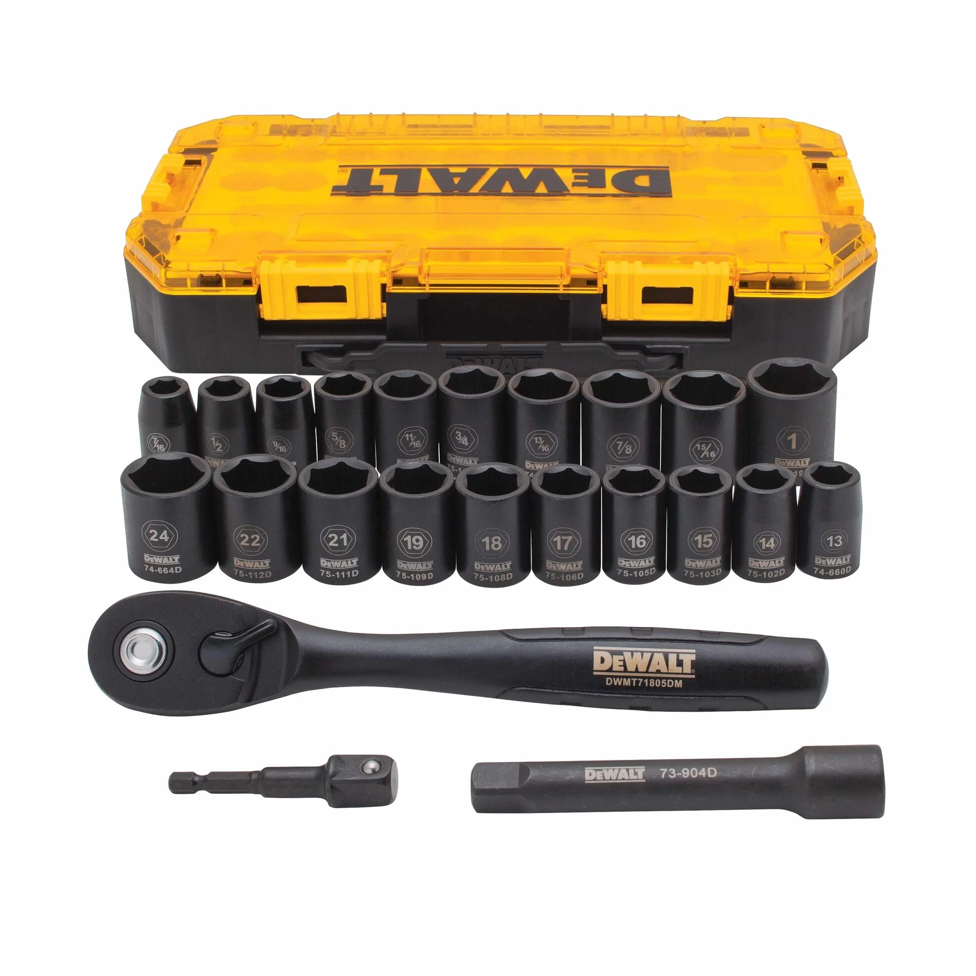 DEWALT Zestaw nasadek udarowych z grzechotką, napęd metryczny/SAE, 1/5.1 cm, 23-częściowy zestaw z etui (DWMT74739)