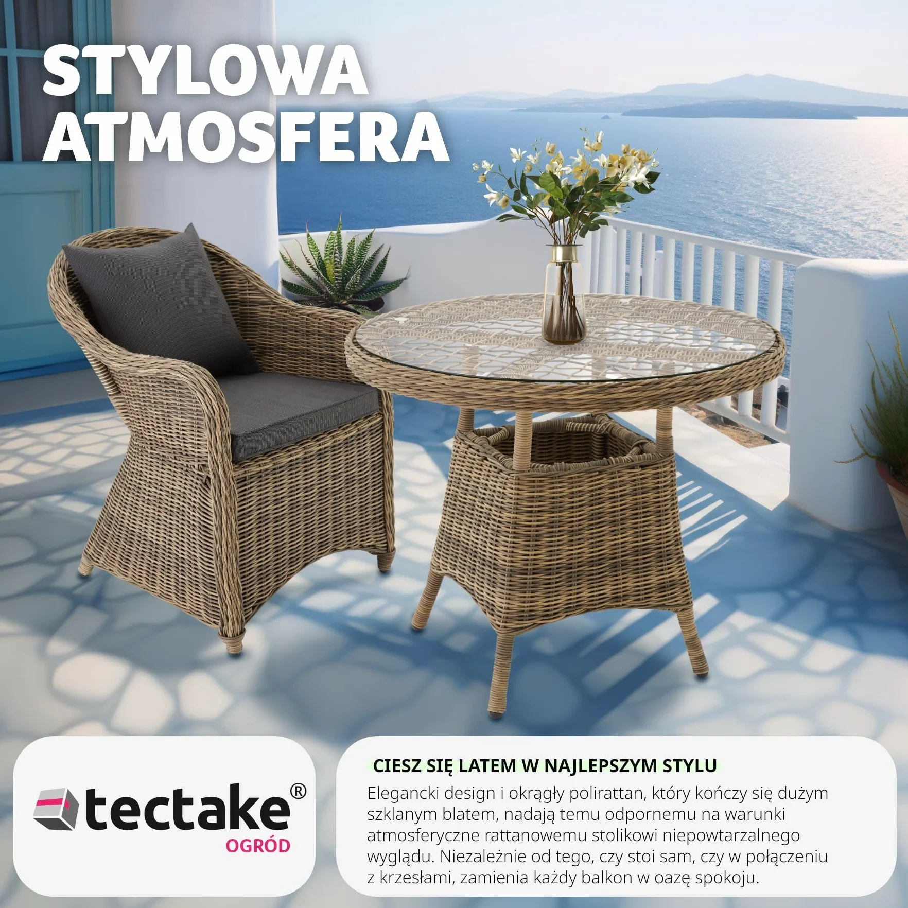 TecTake Fotel ogrodowy z polirattanu i aluminium + poduszki naturalny