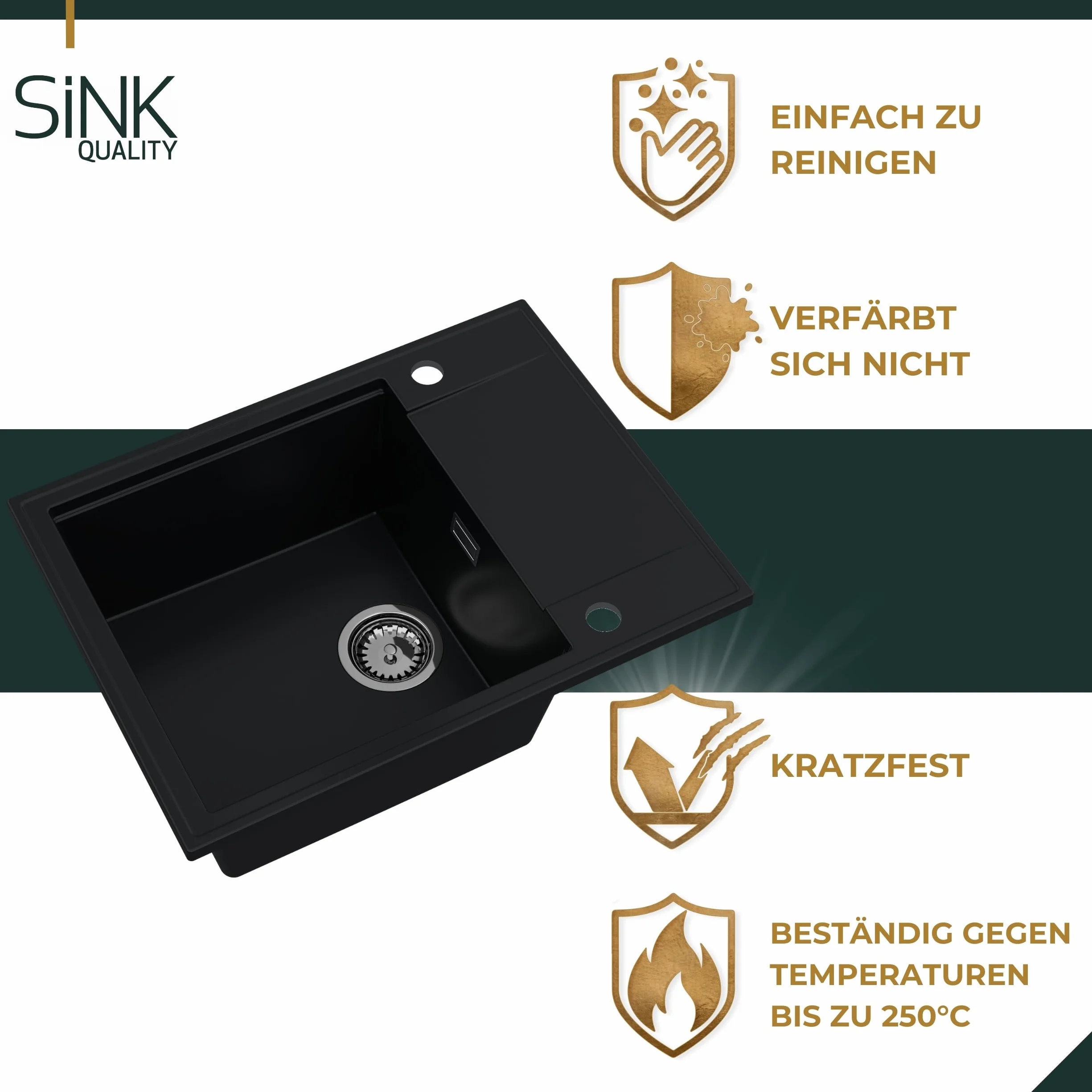 SINK Quality zlewozmywak beżowy z armaturą zestaw 62 x 46 – zlewozmywak z kranem, syfon, push, ociekacz, środek impregnujący – kompletny zestaw do szafki pod umywalkę 55