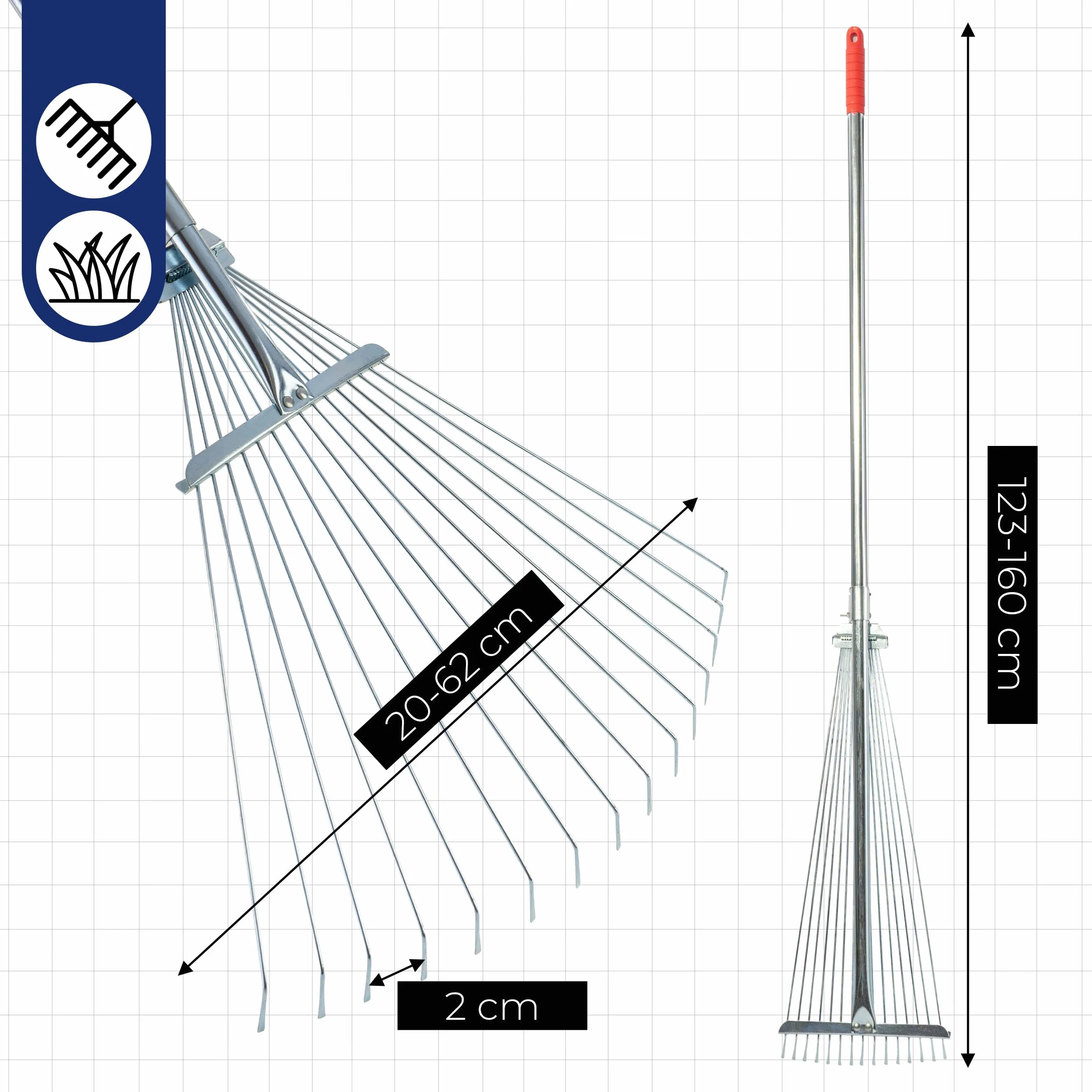 Regulowane grabie teleskopowe do liści trawy lekkie i ergonomiczne metalowe 160 cm 15 zębów grabie ogrodowe do siana trawy wzmacniane grabki