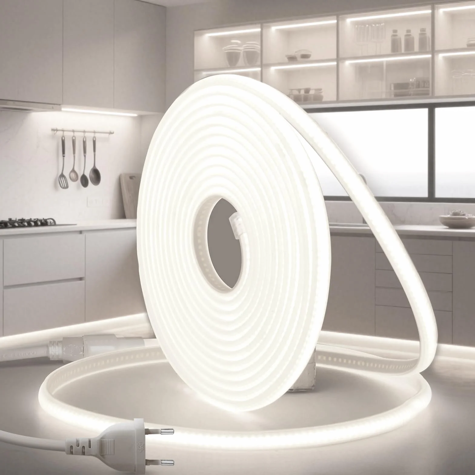 COB LED Taśma 15M 220V Neon IP65 Wodoodporna Zewnątrz Zimna Biel 6000K Neonowa Taśma LED 320LEDS/M Oświetlenie Swiatła DIY Domu Kuchnia Dekoracja Patio Salonu