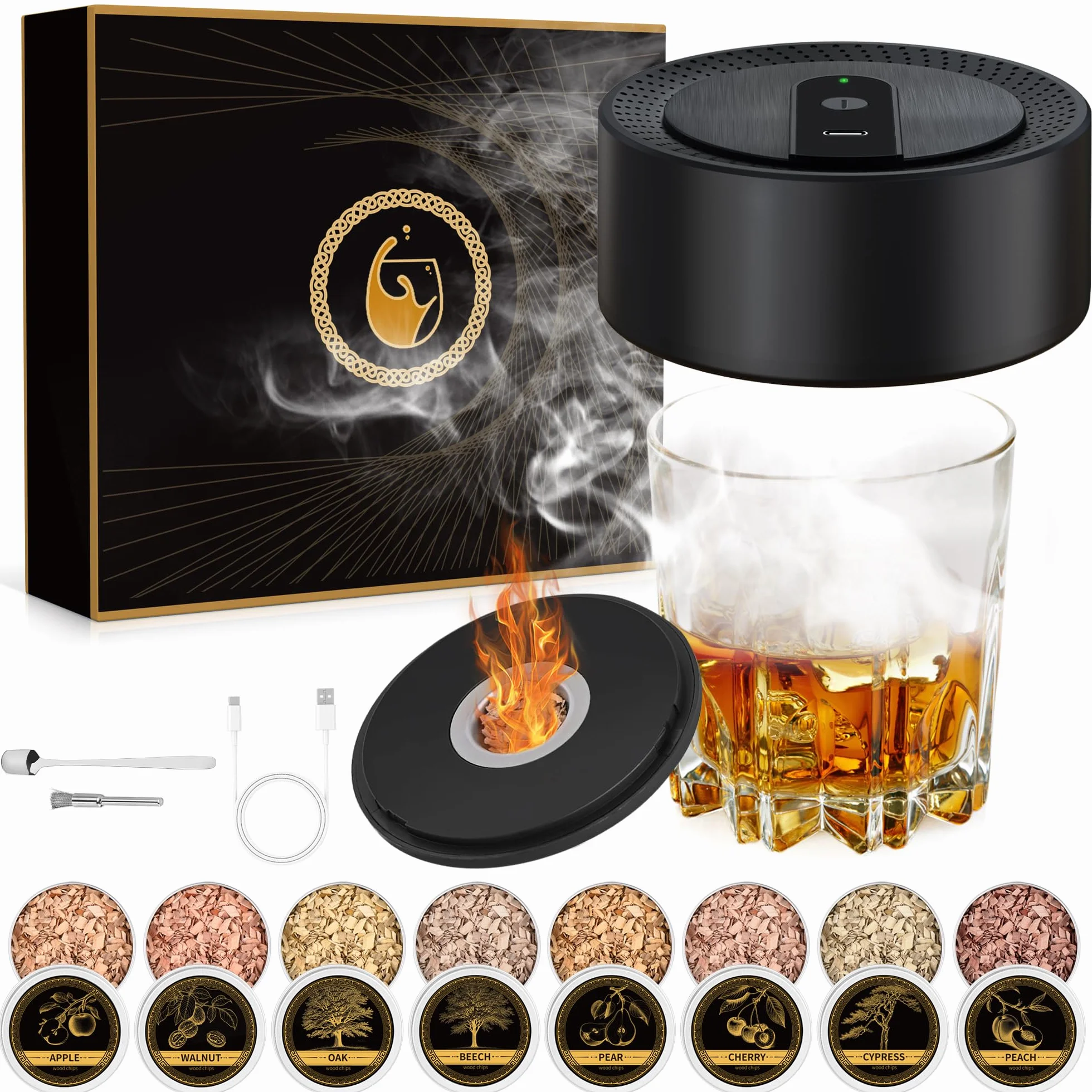 Zestaw do Palenia Whisky Electric z Akumulatorem USB-C, 8 Smaków Wiórków Drzewnych