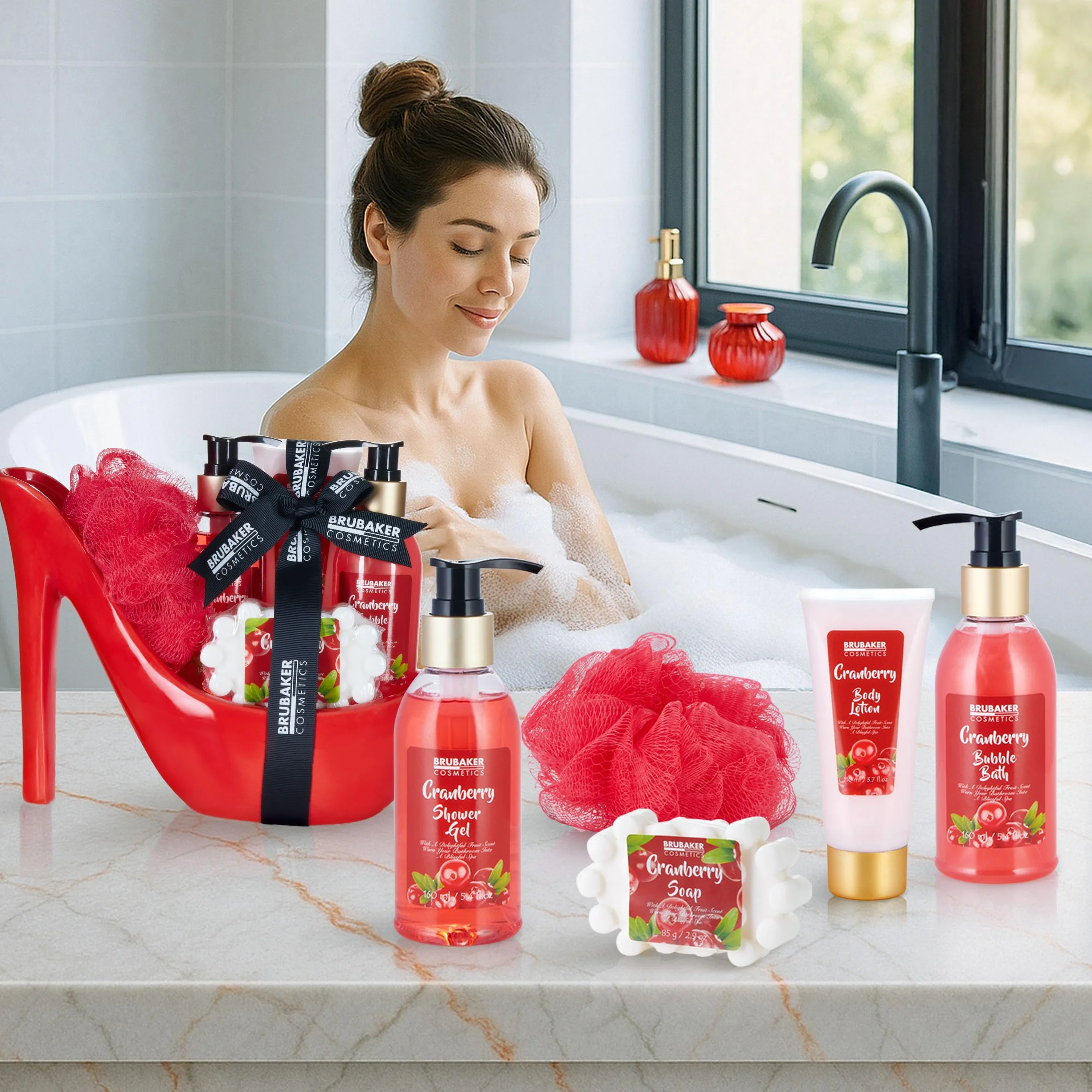 BRUBAKER Cosmetics Luxury Cranberry Beauty Set - 6-częściowy zestaw do kąpieli i pod prysznic - zestaw upominkowy w ceramicznym Stiletto Red