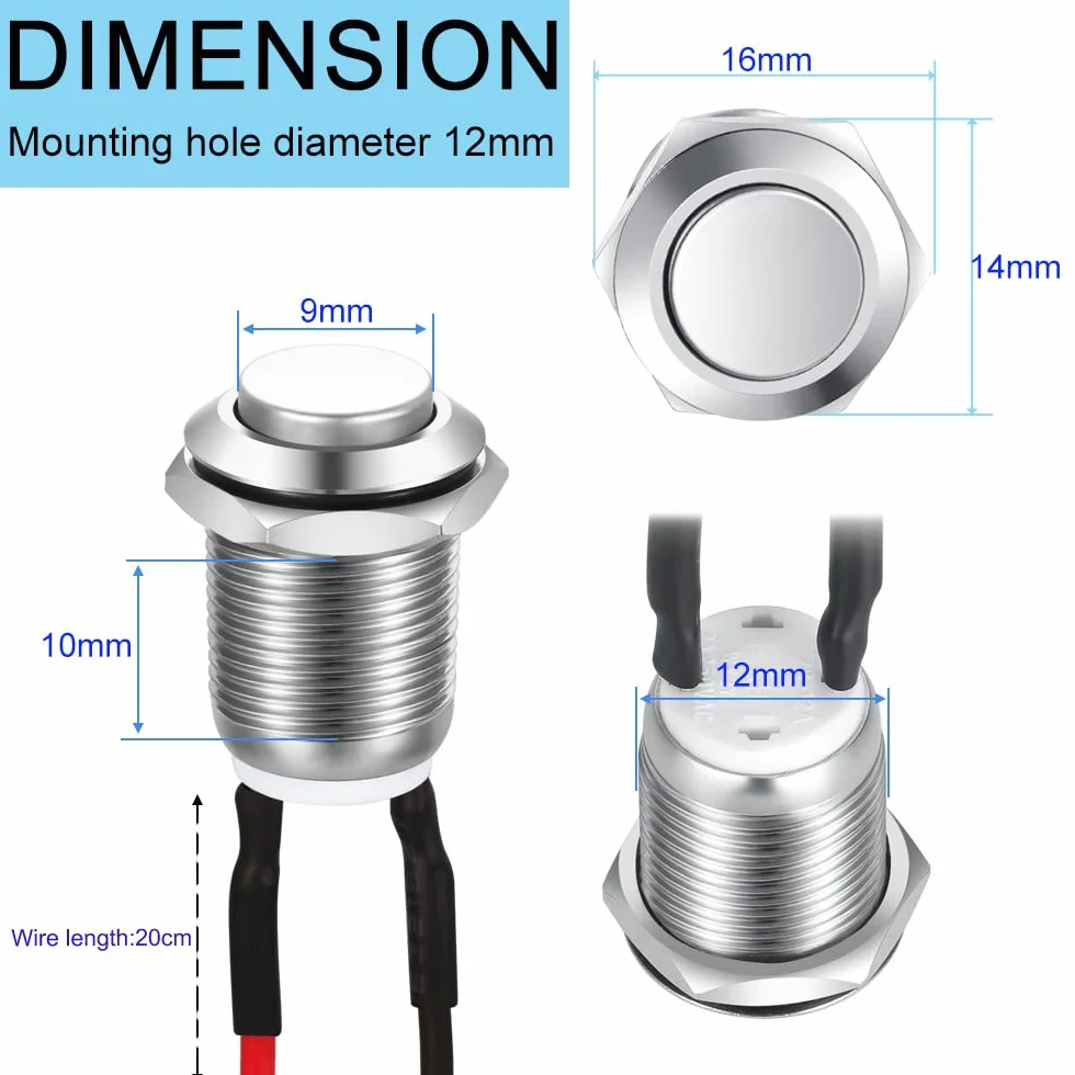 Gebildet 3 Sztuki Wodoszczelnych Przycisków Przyciskowych Blokady Wyłącznik Ciśnieniowy stal Szlachetna Przycisk wł. 12 mm 2 A/12 V/24 V/125 V/250 V z Drutem (Wystający)