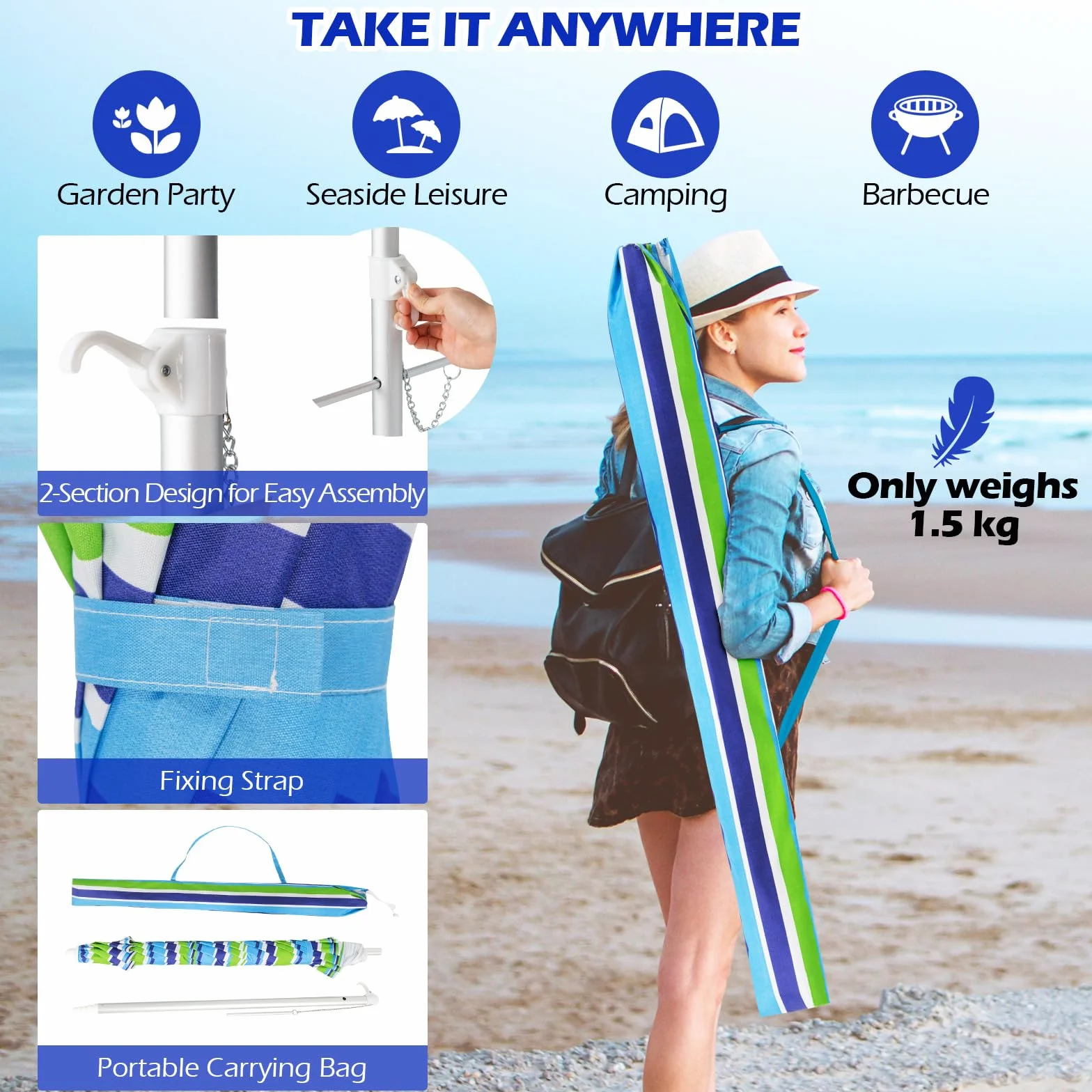 KOMFOTTEU Parasol plażowy 200 cm UV50+ składany lekki z torbą