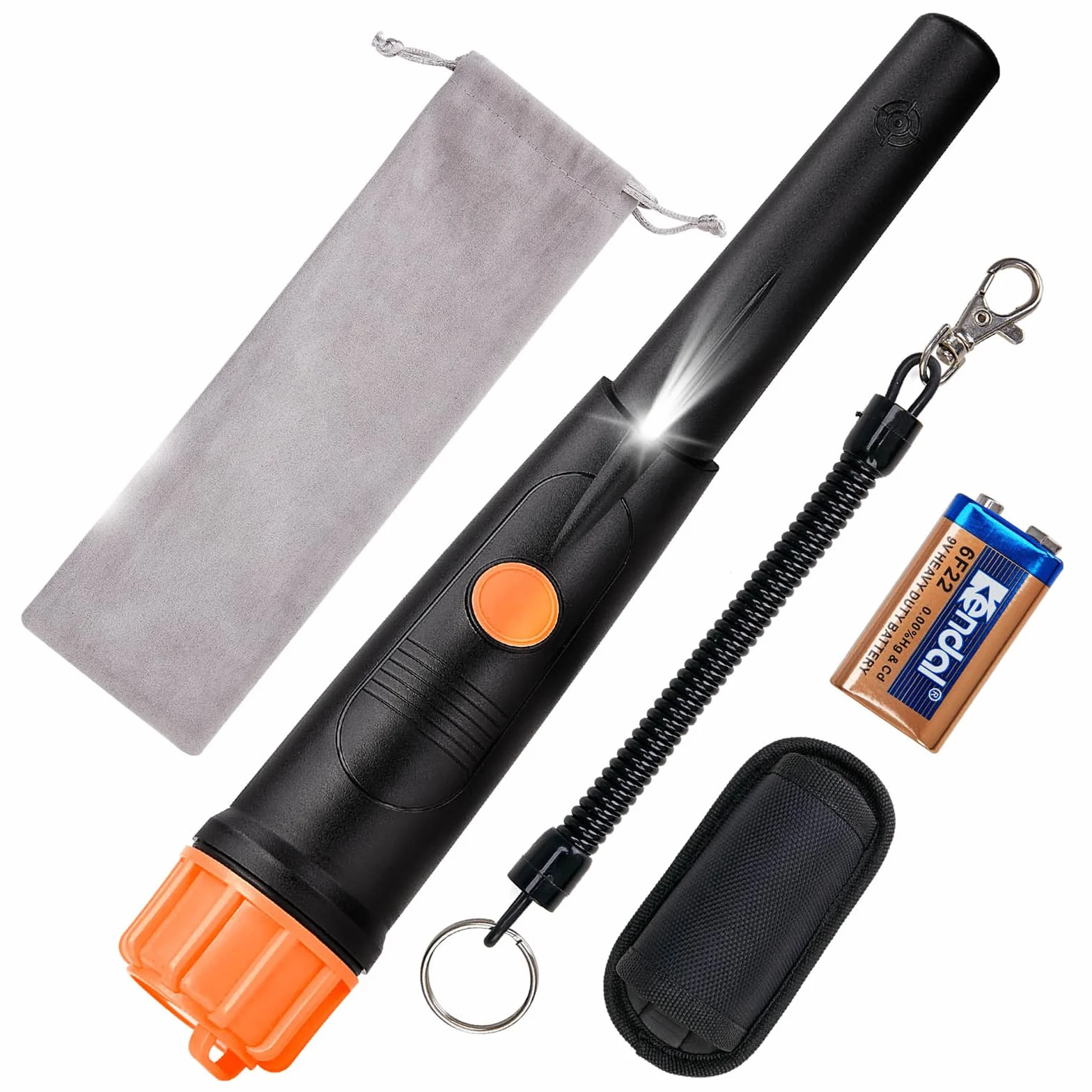 SUNPOW Wykrywacz Metali Pinpointer – IP68 Wodoodporny 360° Detektor Metalu z Kaburą, Dźwięk, Wibracje (3 Tryby), Bateria 9V i Woreczek Aksamitny w Zestawie