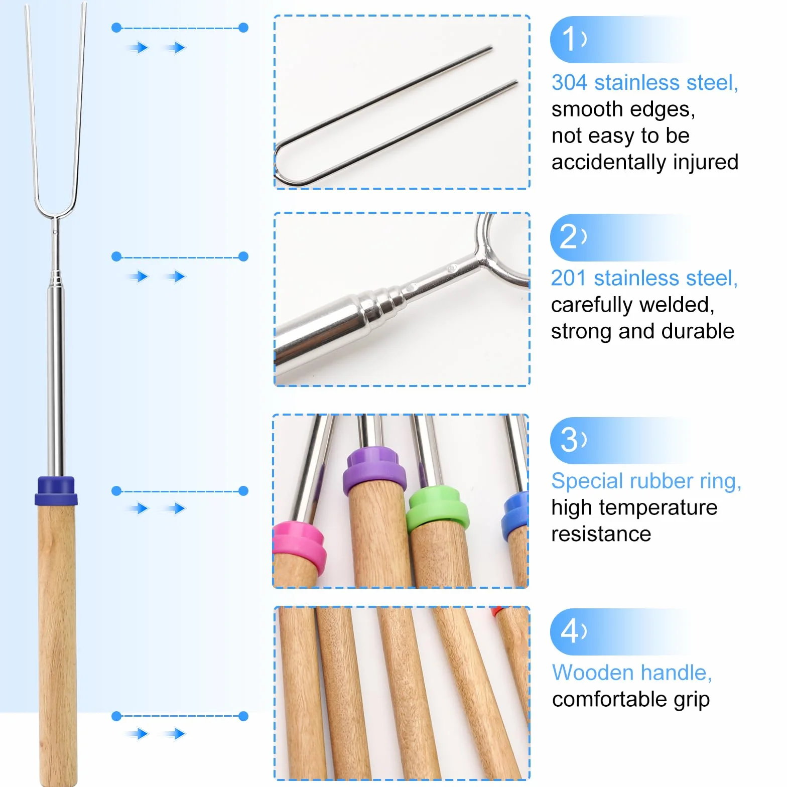 Szaszłyki do grilla ze stali nierdzewnej, 8 sztuk, skalowalne szaszłyki do grilla (31 – 81 cm), z uchwytem bukowym, szpikulce z pędzlem silikonowym, na kemping, piknik, wieczory przy grillu
