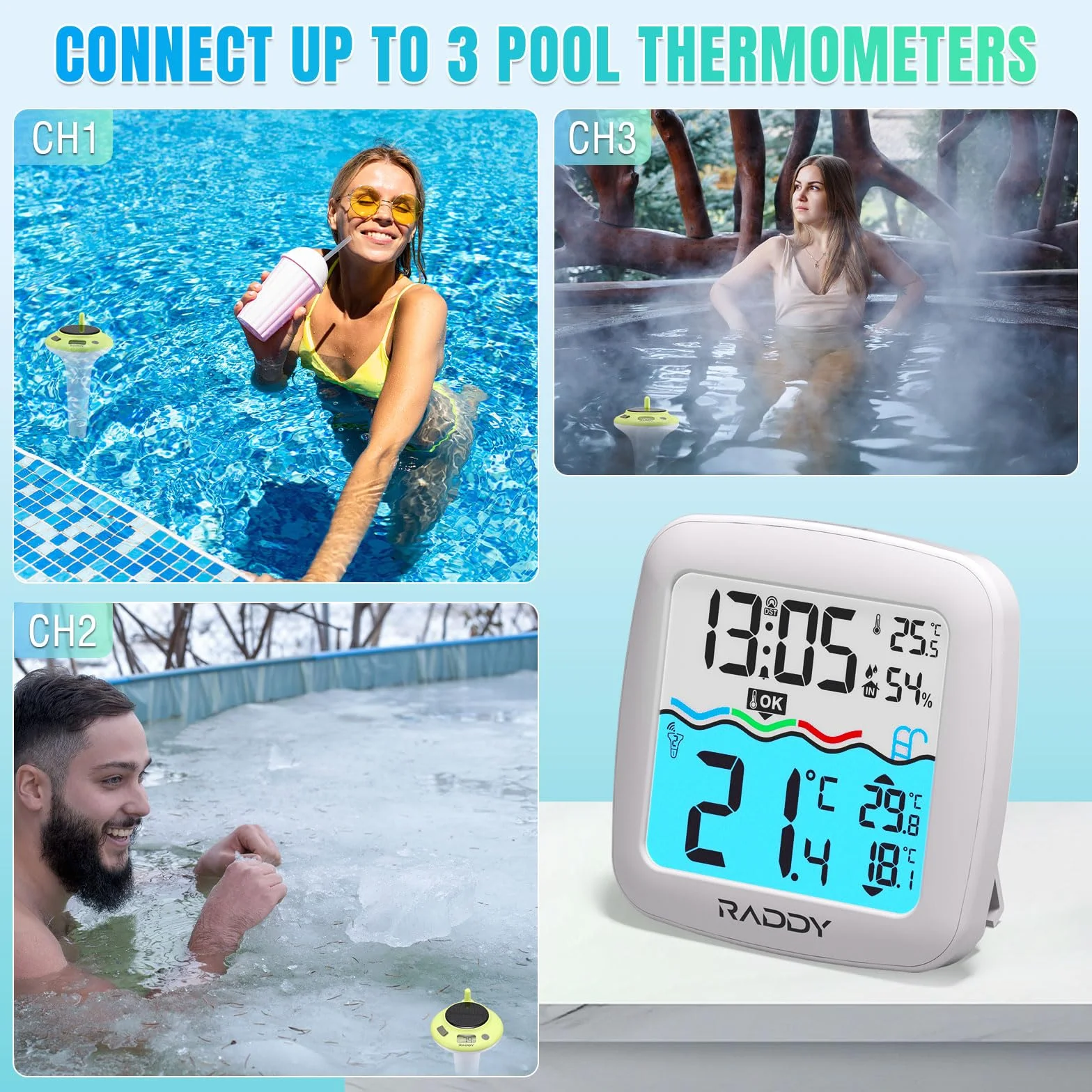 Raddy PT-5 Termometr pływający do basenu IPX8 zasilany energią słoneczną i baterią