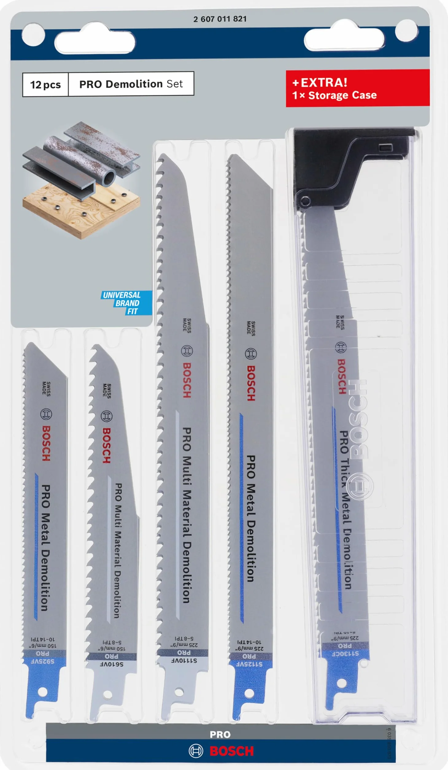 Bosch 12x Zestaw brzeszczotów do piły szablastej PRO Demolition, 12 szt. (do Rury i profile metalowe, Metale nieżelazne, Długość mm, Professional Akcesoria Piła szablasta)